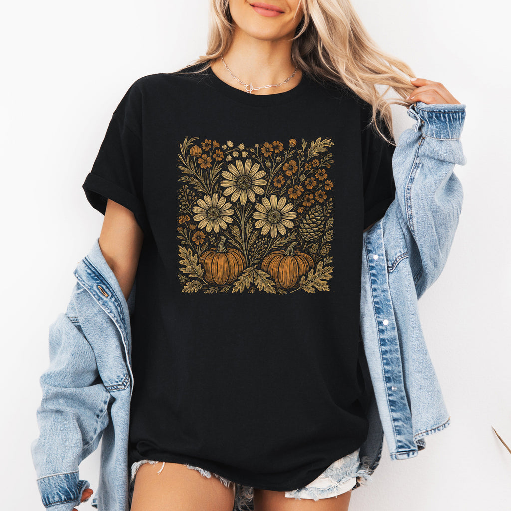 Autumn Wildflowers Minimalist Pumpkin Scene With Blossoms And Harvest Hues Graphic Tee
