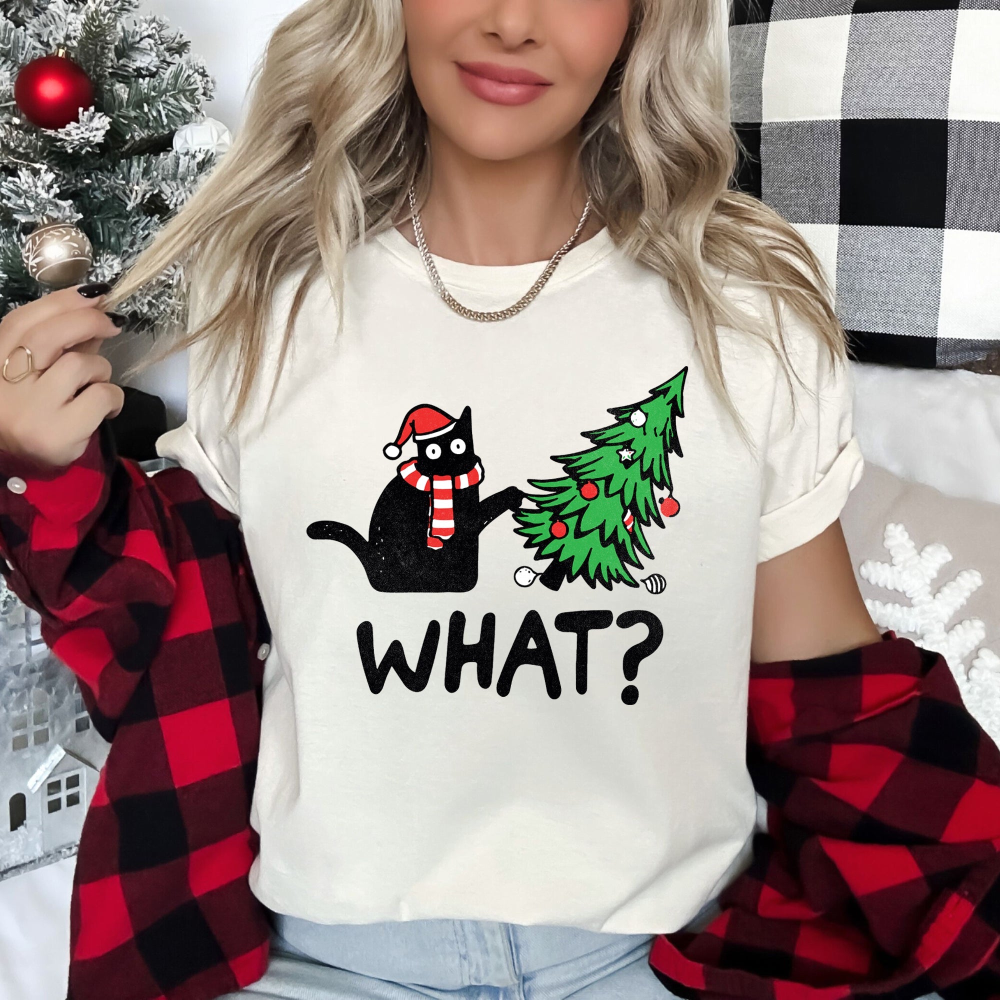 Bad Cat Christmas Tree What Naughty Pets Holiday Humor For Cat Lovers Graphic Tee