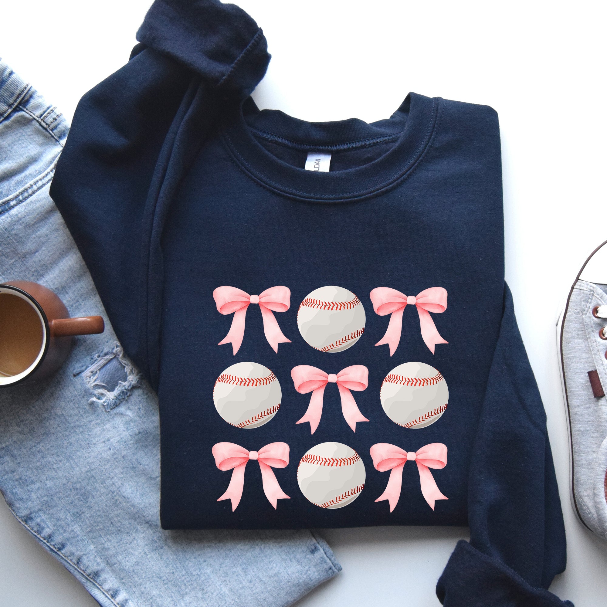 Baseball Pink Bows Mother Mama Sports Coquette Vintage Inspired Cozy Heartfelt Fan Mom Sweatshirt