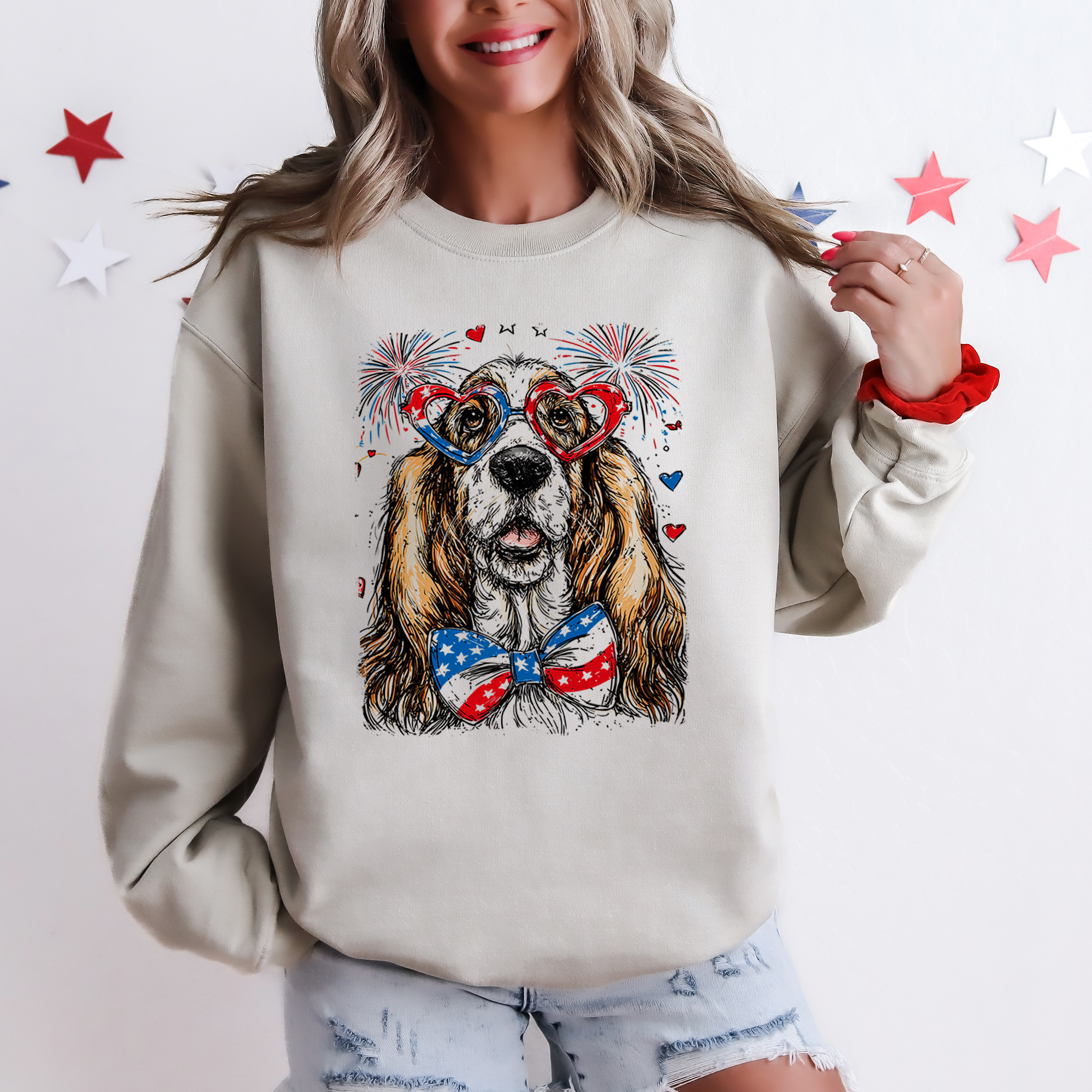 Basset Hound Patriotic Dog USA Flag Patch Independence Day Edition All American Sweatshirt