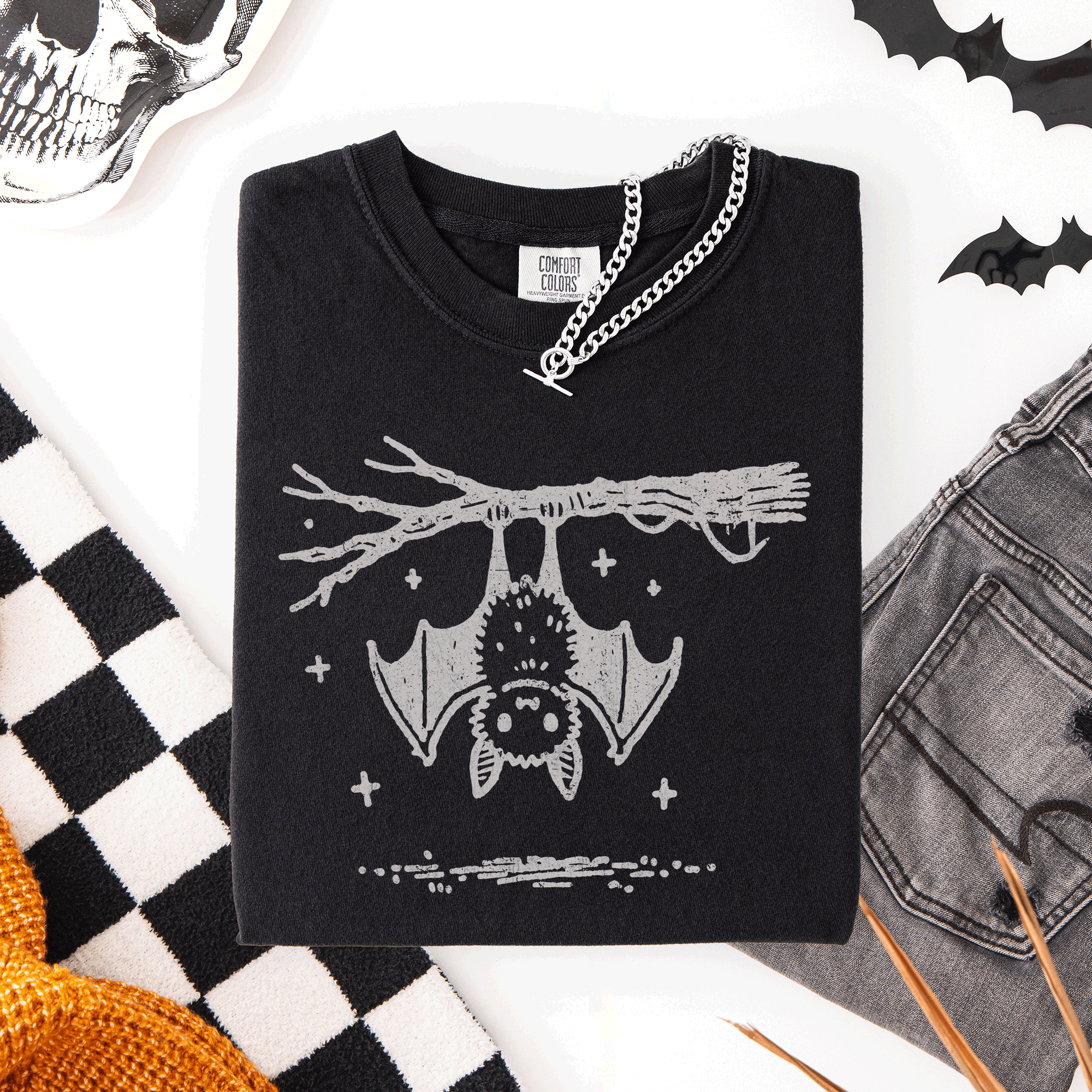 Cute Bat Halloween Nightfall Spooky Silhouette Adorable Creature Comfort Colors Tee