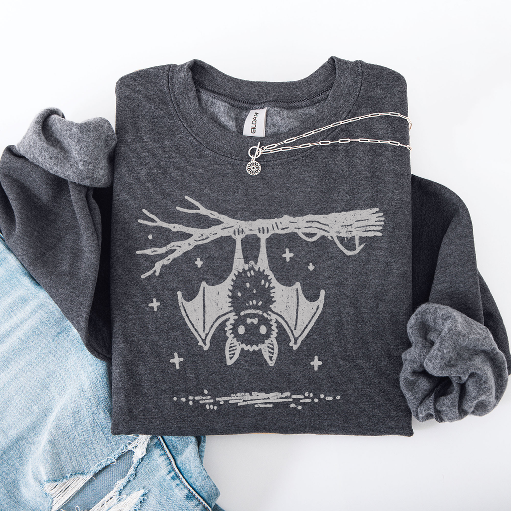Bat Cute Adorable Halloween Graphic Illustration Cozy Fleece Playful Autumn Nightfall Sweatshirt