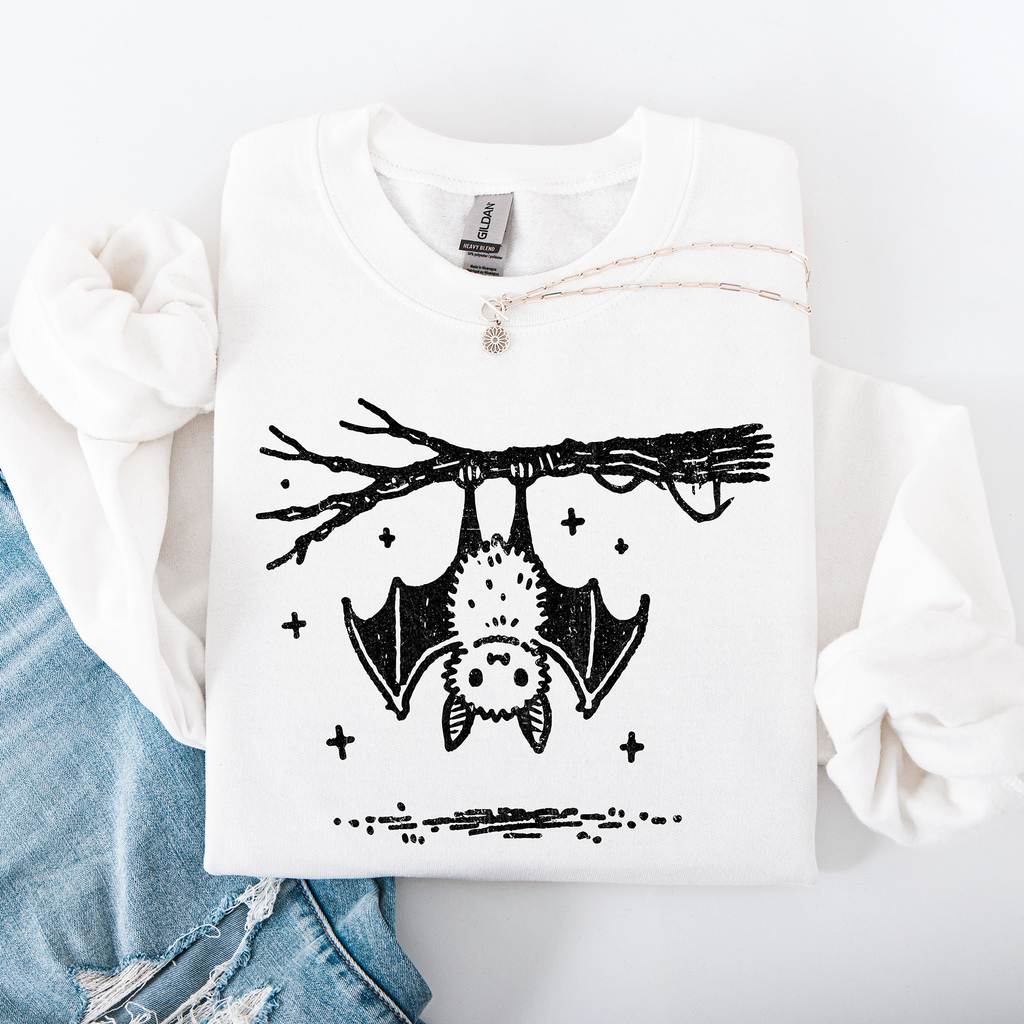 Bat Cute Adorable Halloween Graphic Illustration Cozy Fleece Playful Autumn Nightfall Sweatshirt