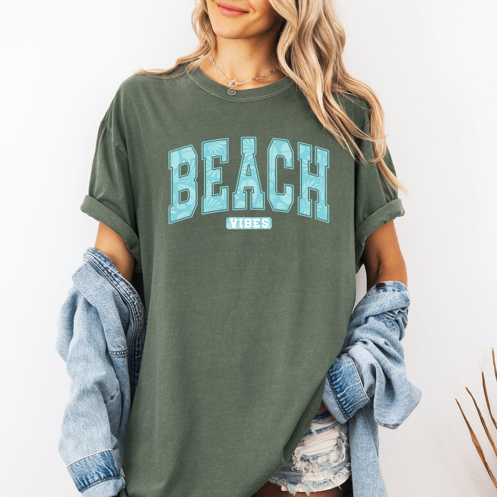 Beach Vibes Varsity Retro Palm Trees Summer Sunset Surfboard Breeze Comfort Colors Tee