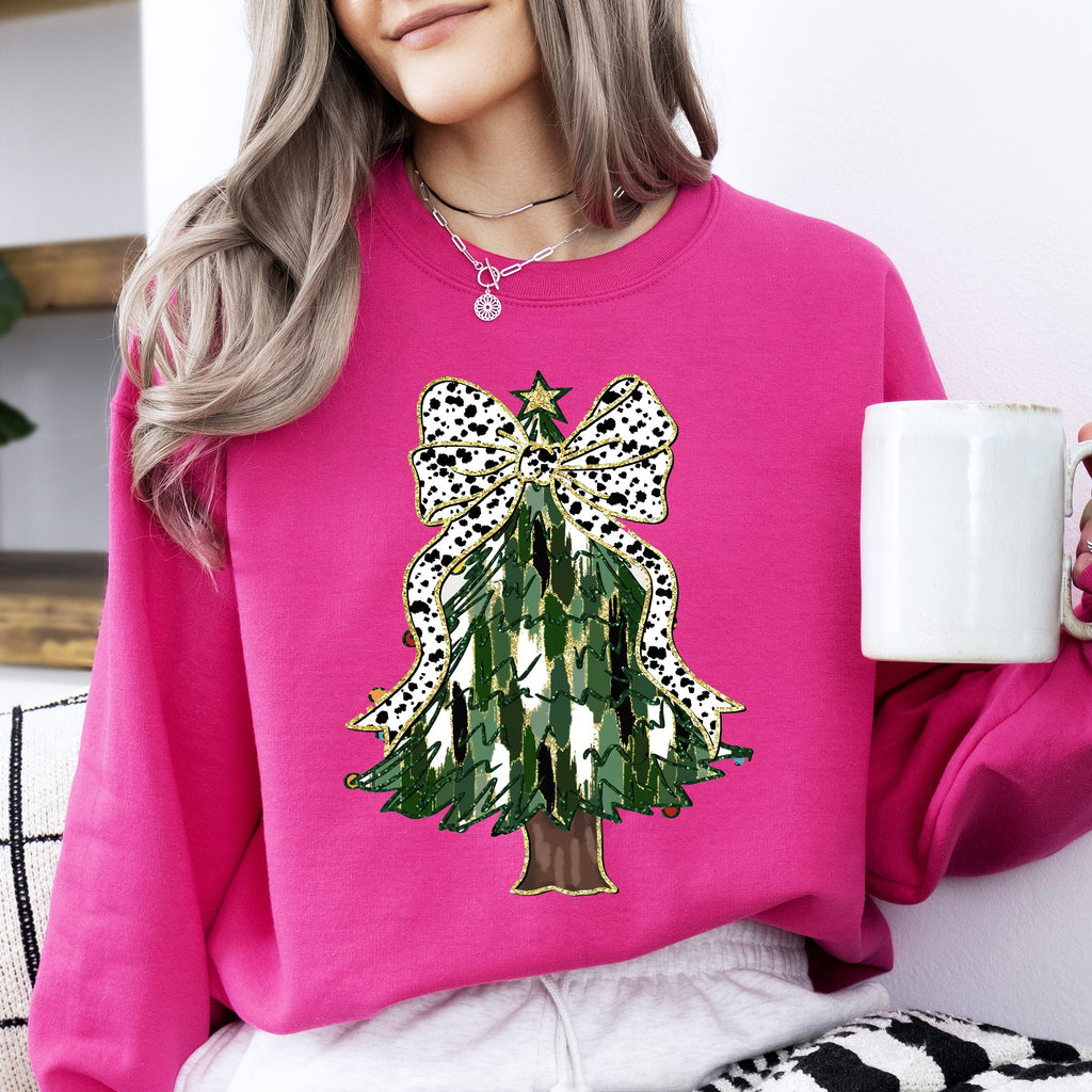 Beautiful Christmas Tree Dalmatian Print Ribbon Coquette Bow Holiday Cheerful Sweatshirt
