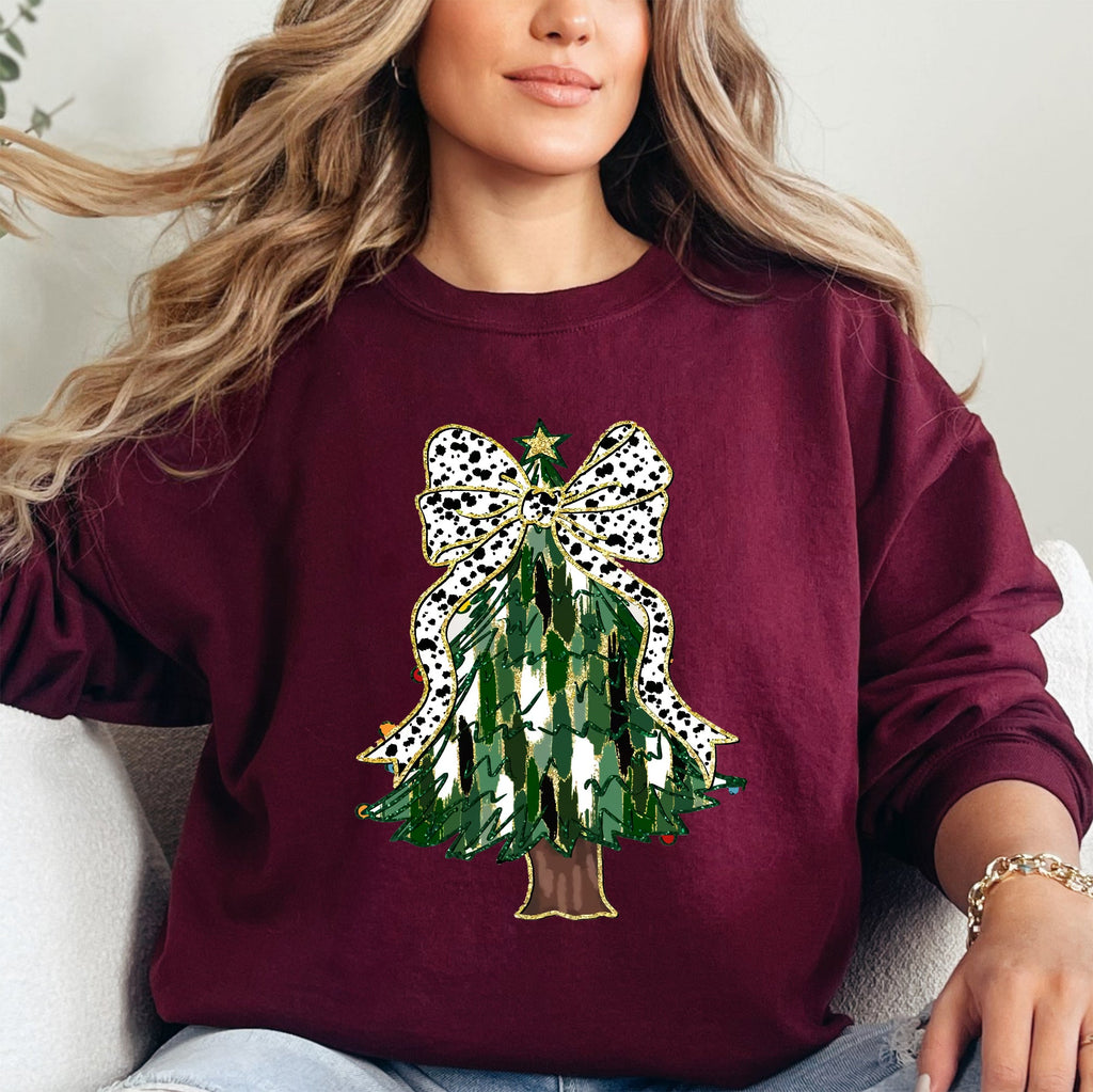 Beautiful Christmas Tree Dalmatian Print Ribbon Coquette Bow Holiday Cheerful Sweatshirt
