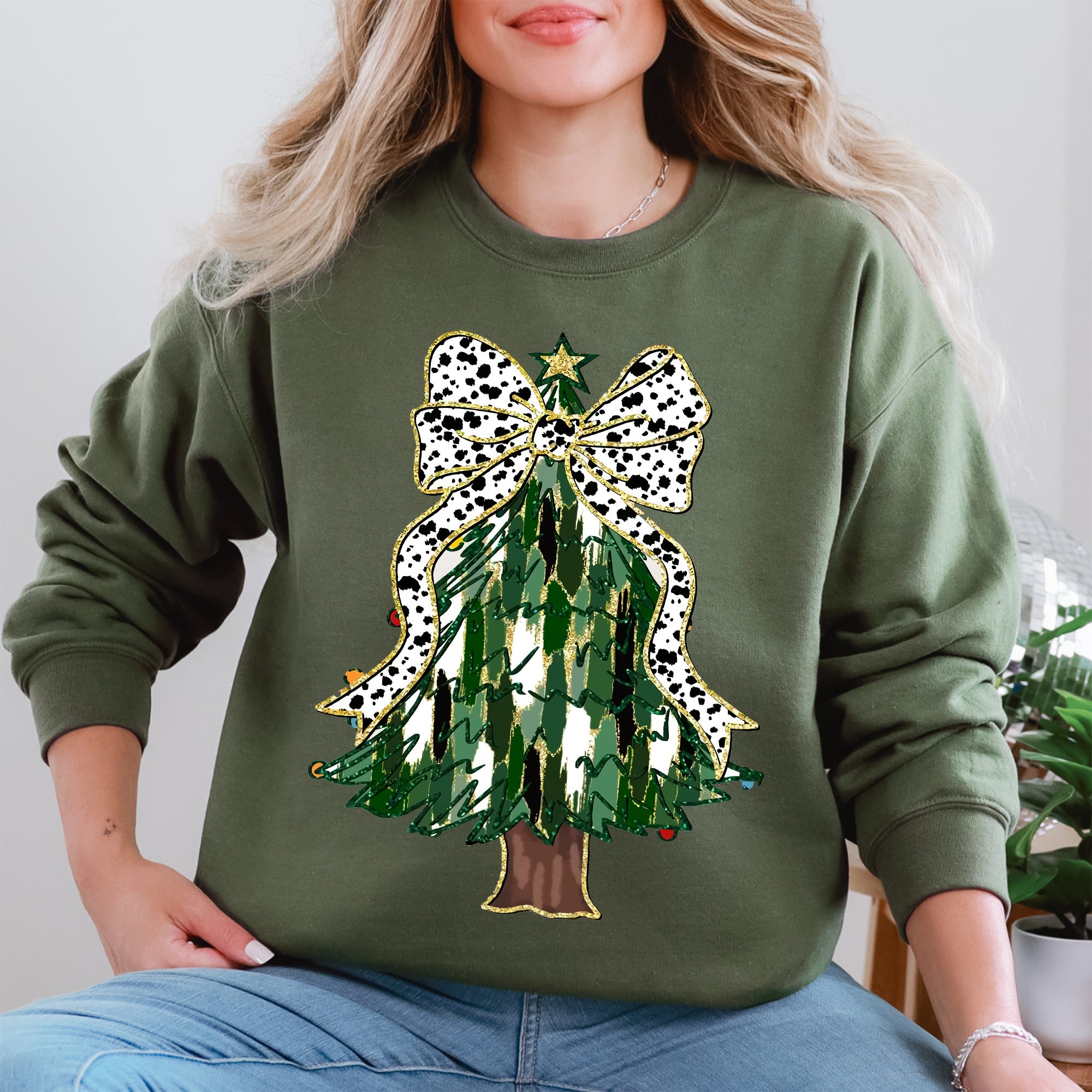 Beautiful Christmas Tree Dalmatian Print Ribbon Coquette Bow Holiday Cheerful Sweatshirt