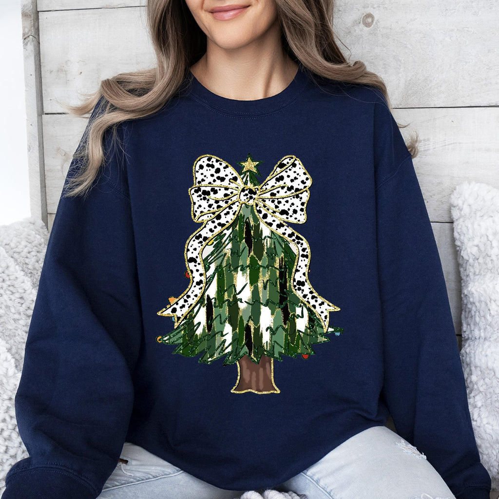 Beautiful Christmas Tree Dalmatian Print Ribbon Coquette Bow Holiday Cheerful Sweatshirt