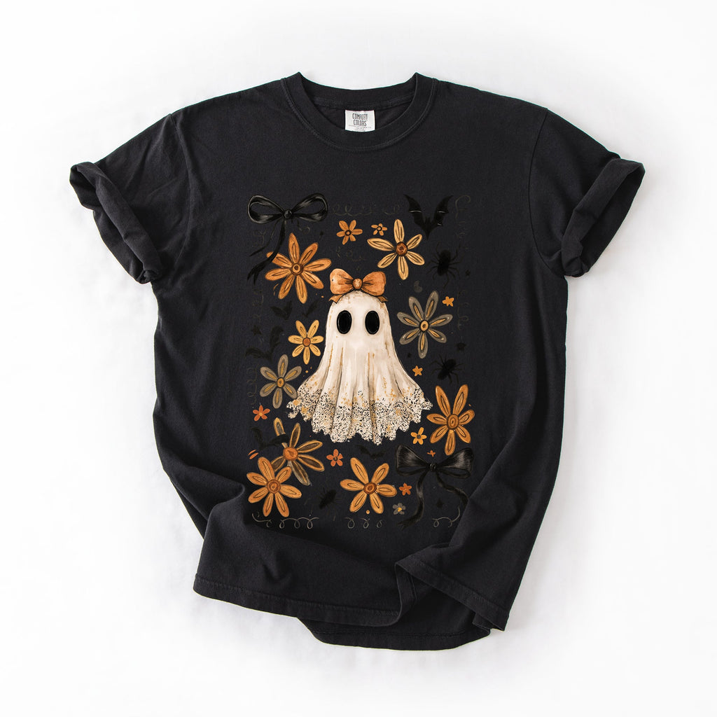 Beautiful Halloween Bows Bats Flowers Festive Gothic Motif Halloween Night Themed Comfort Colors Tee