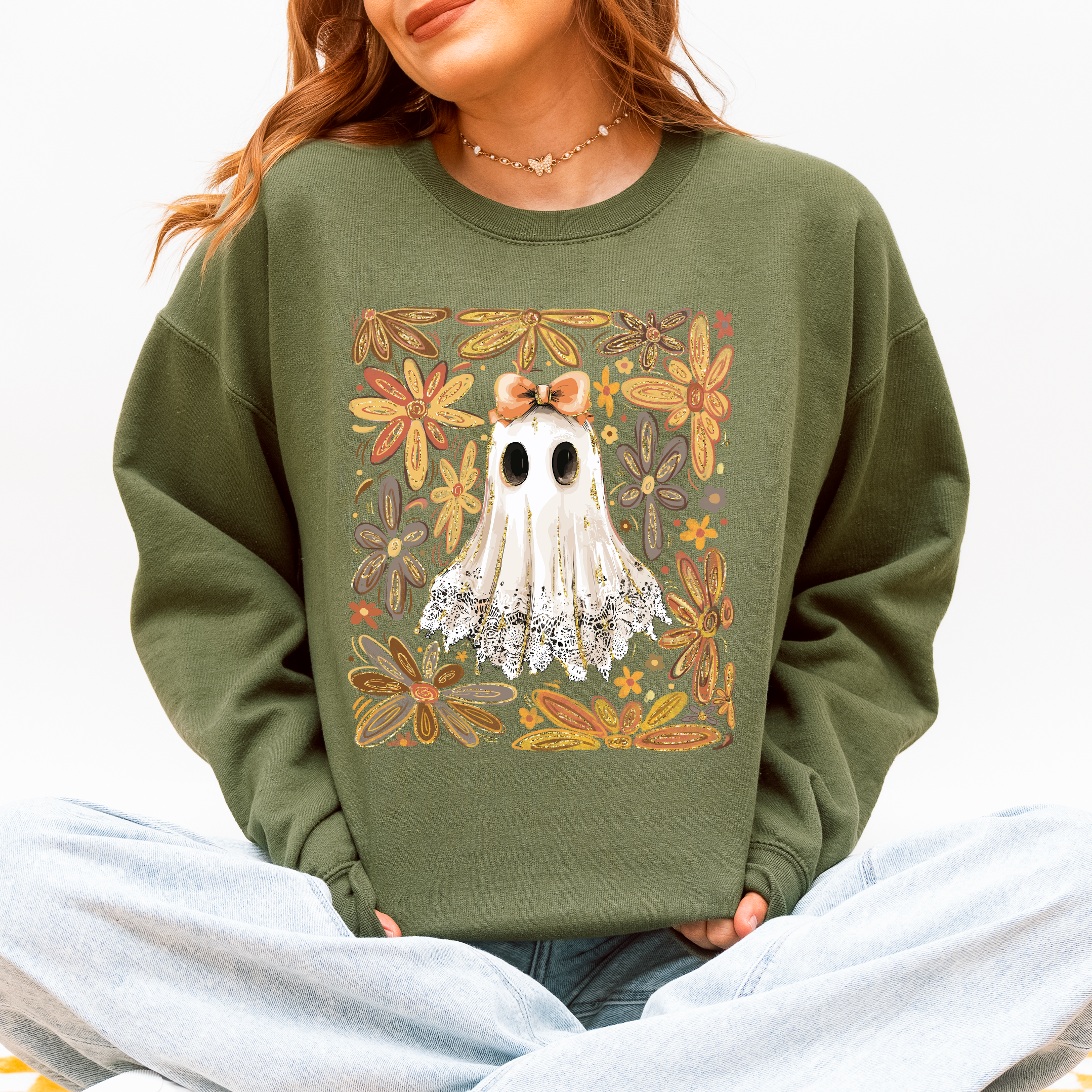 Beautiful Halloween Flowers Coquette Ghost Cozy Night Garden Illustration Sweatshirt