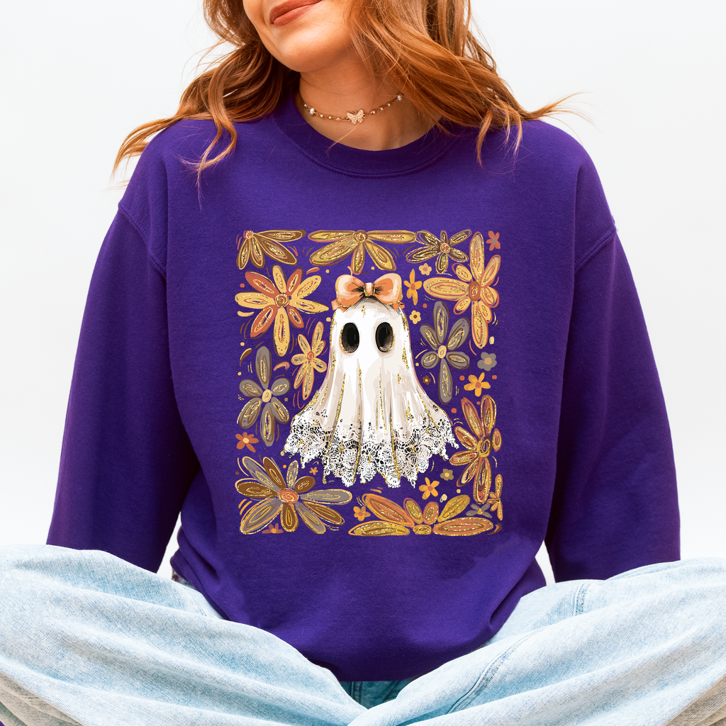 Beautiful Halloween Flowers Coquette Ghost Cozy Night Garden Illustration Sweatshirt