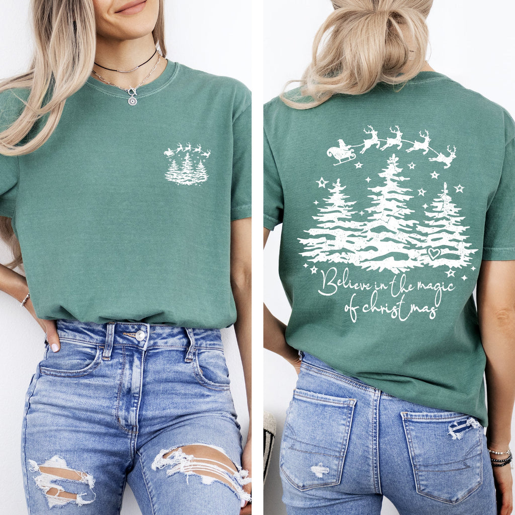 Believe In The Magic Of Christmas Santa Front And Back Christmas Trees Winter Snow Xmas Comfort Colors Tee