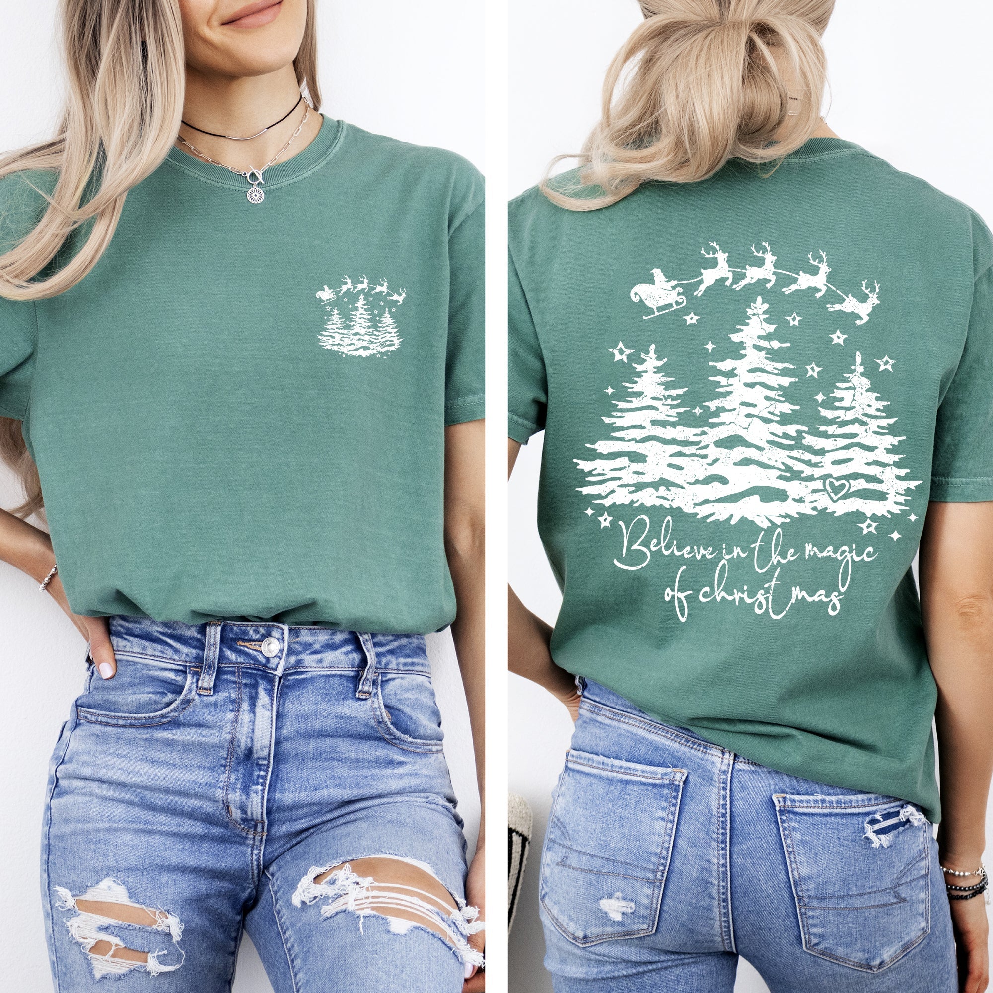 Believe In The Magic Of Christmas Santa Front And Back Christmas Trees Winter Snow Xmas Comfort Colors Tee