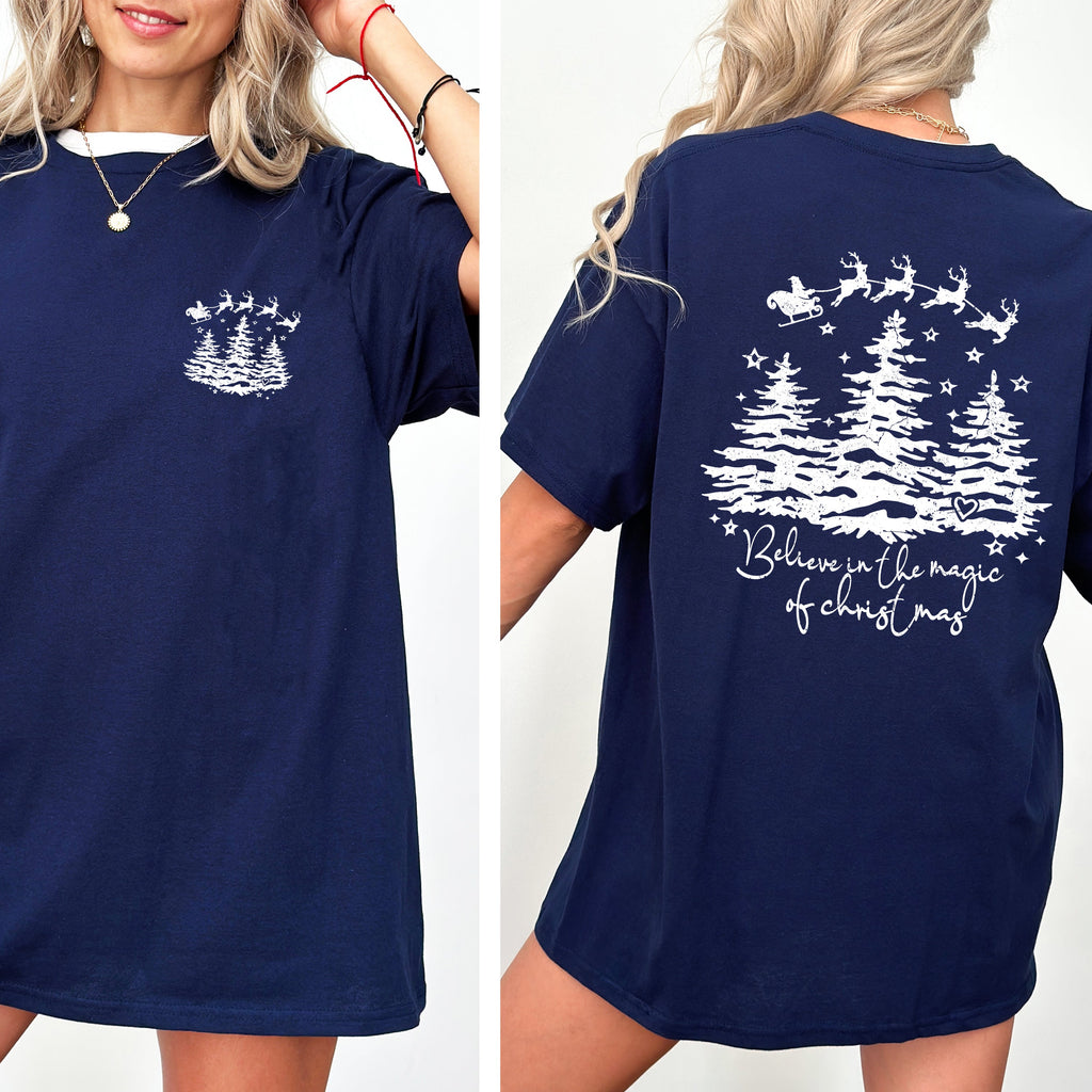 Believe In The Magic Of Christmas Santa Front And Back Christmas Trees Winter Snow Xmas Comfort Colors Tee