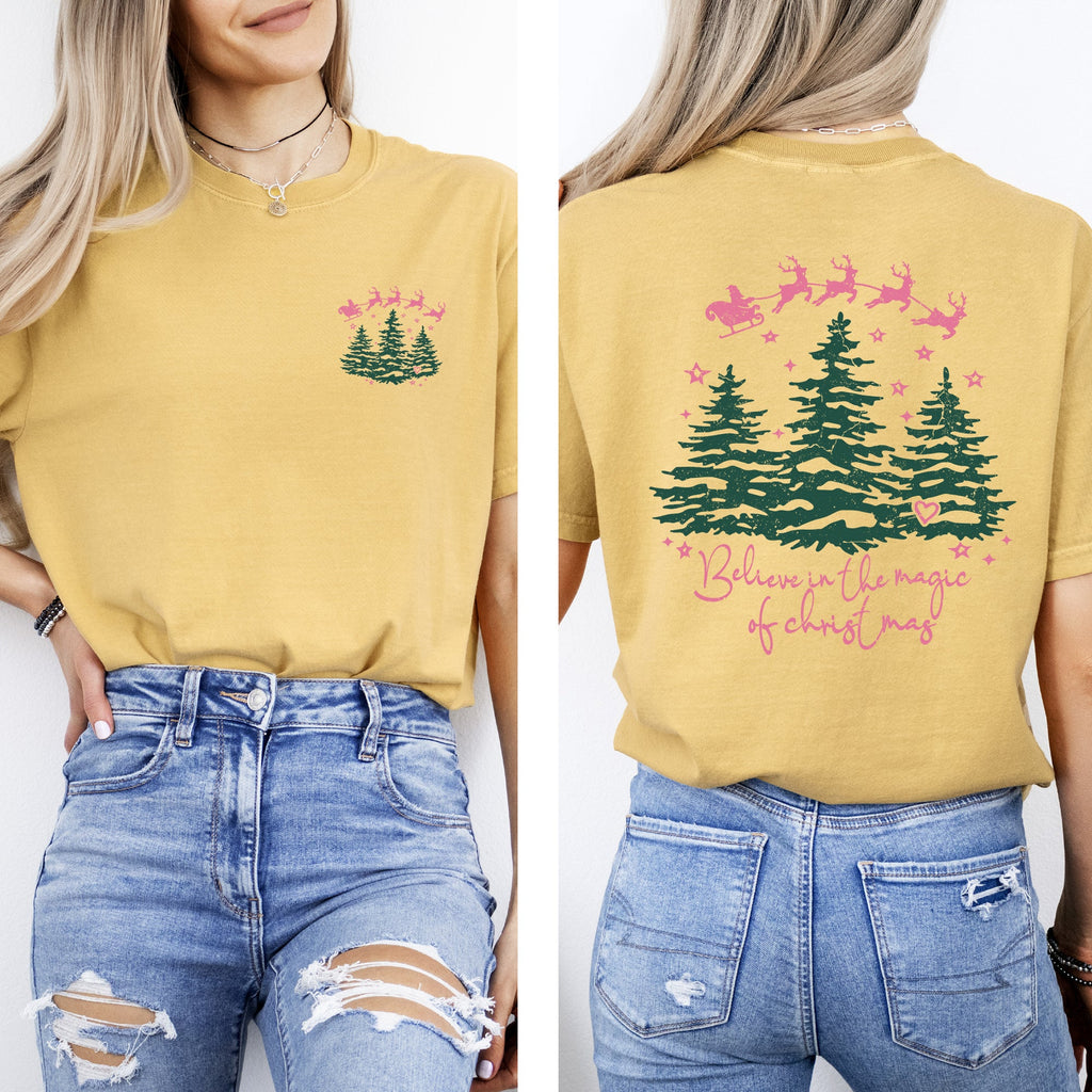 Believe In The Magic Of Christmas Santa Front And Back Christmas Trees Winter Snow Xmas Comfort Colors Tee