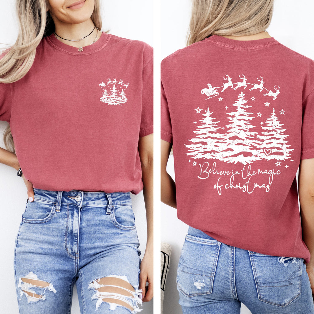 Believe In The Magic Of Christmas Santa Front And Back Christmas Trees Winter Snow Xmas Comfort Colors Tee