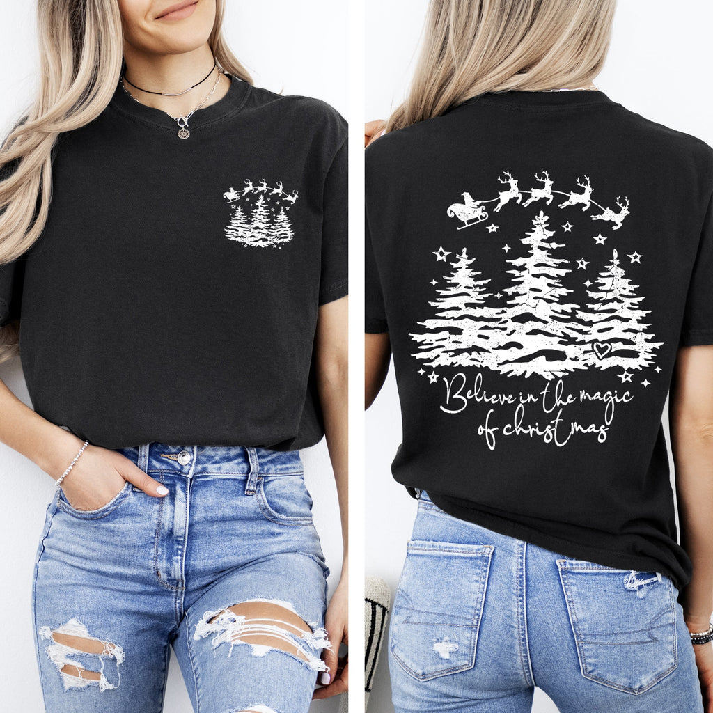 Believe In The Magic Of Christmas Santa Front And Back Christmas Trees Winter Snow Xmas Comfort Colors Tee