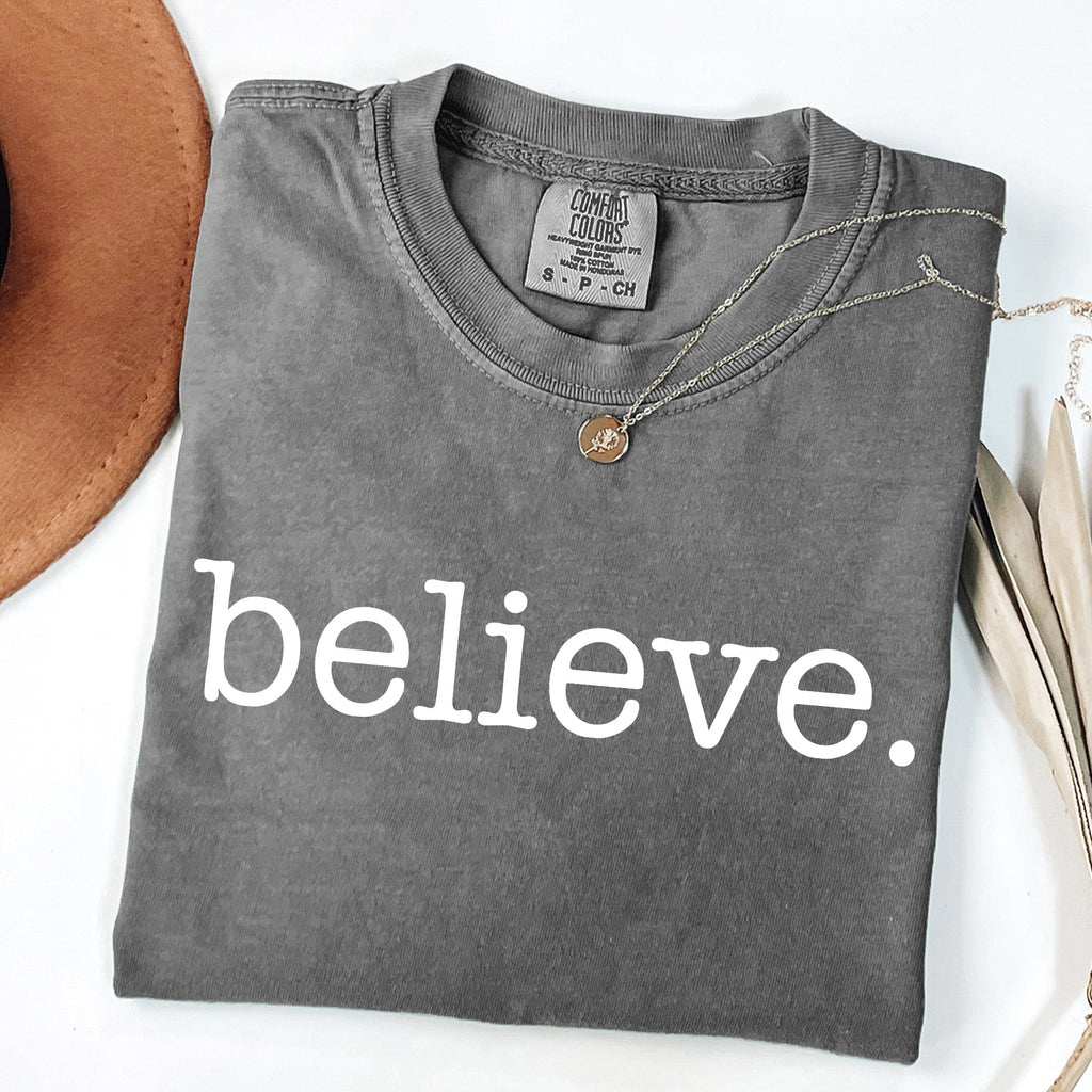 Believe Christmas Minimalist Holiday Santa Xmas Snow Winter Cozy Comfort Colors Tee