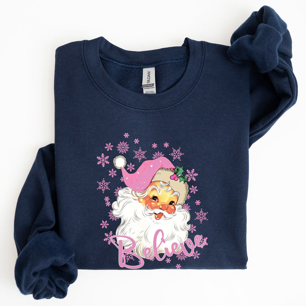 Believe Pink Santa Snowflakes Christmas Winter Snow Xmas Graphic Sweatshirt Cozy Holiday Style