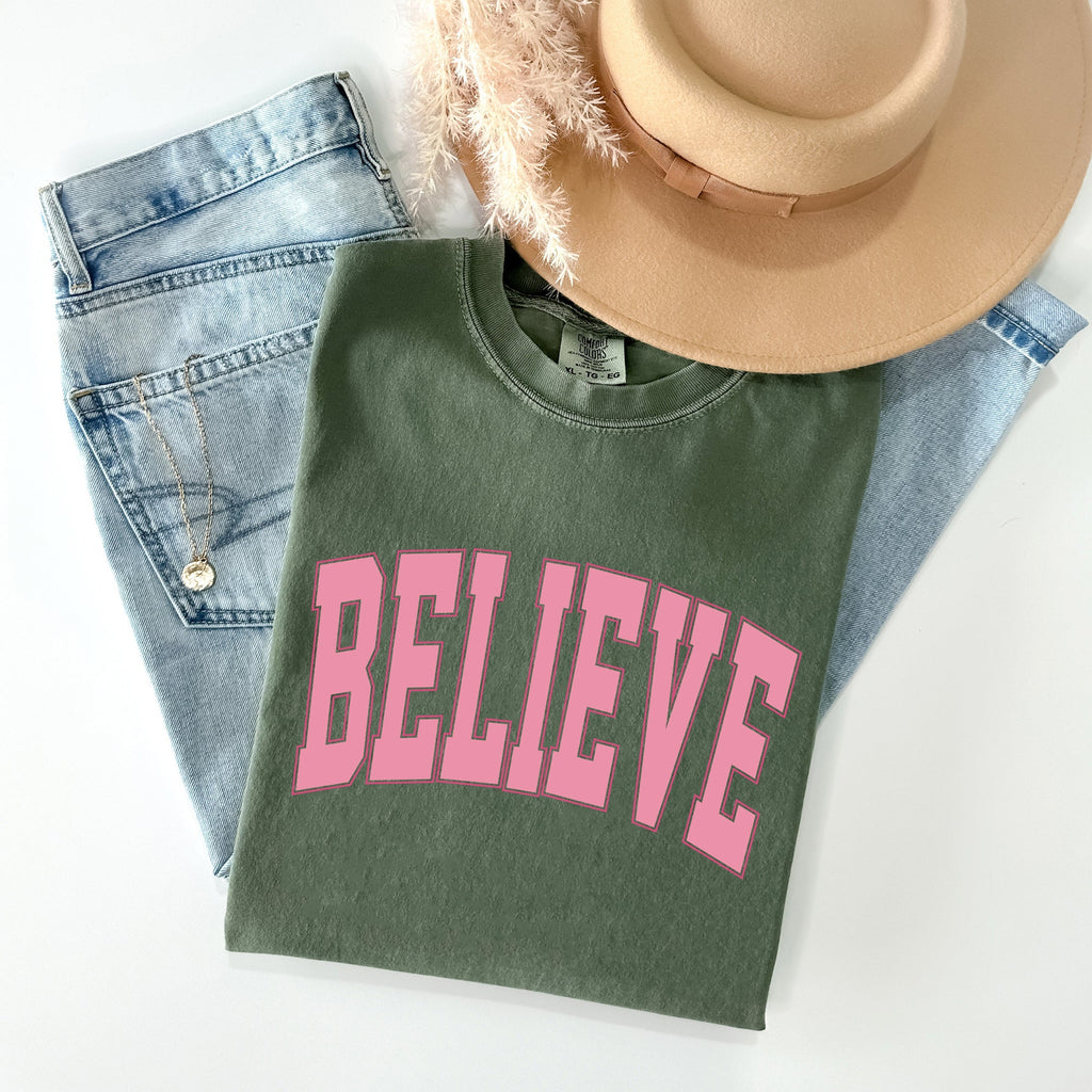 Believe Varsity Collegiate Christmas Santa Winter Xmas Classic Comfort Colors Tee