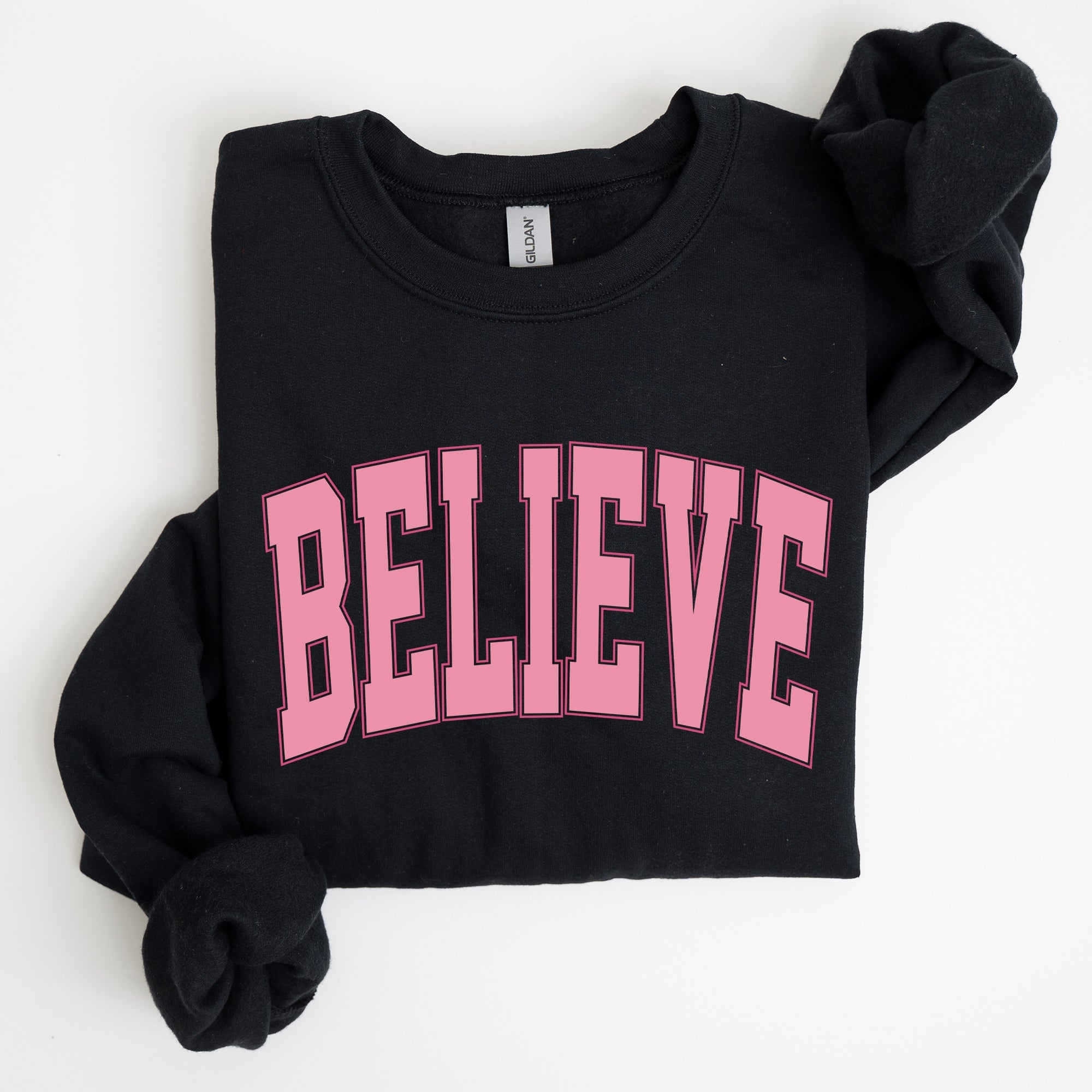 Believe Varsity Collegiate Christmas Santa Winter Xmas Festive Holiday Cheer Sweatshirt
