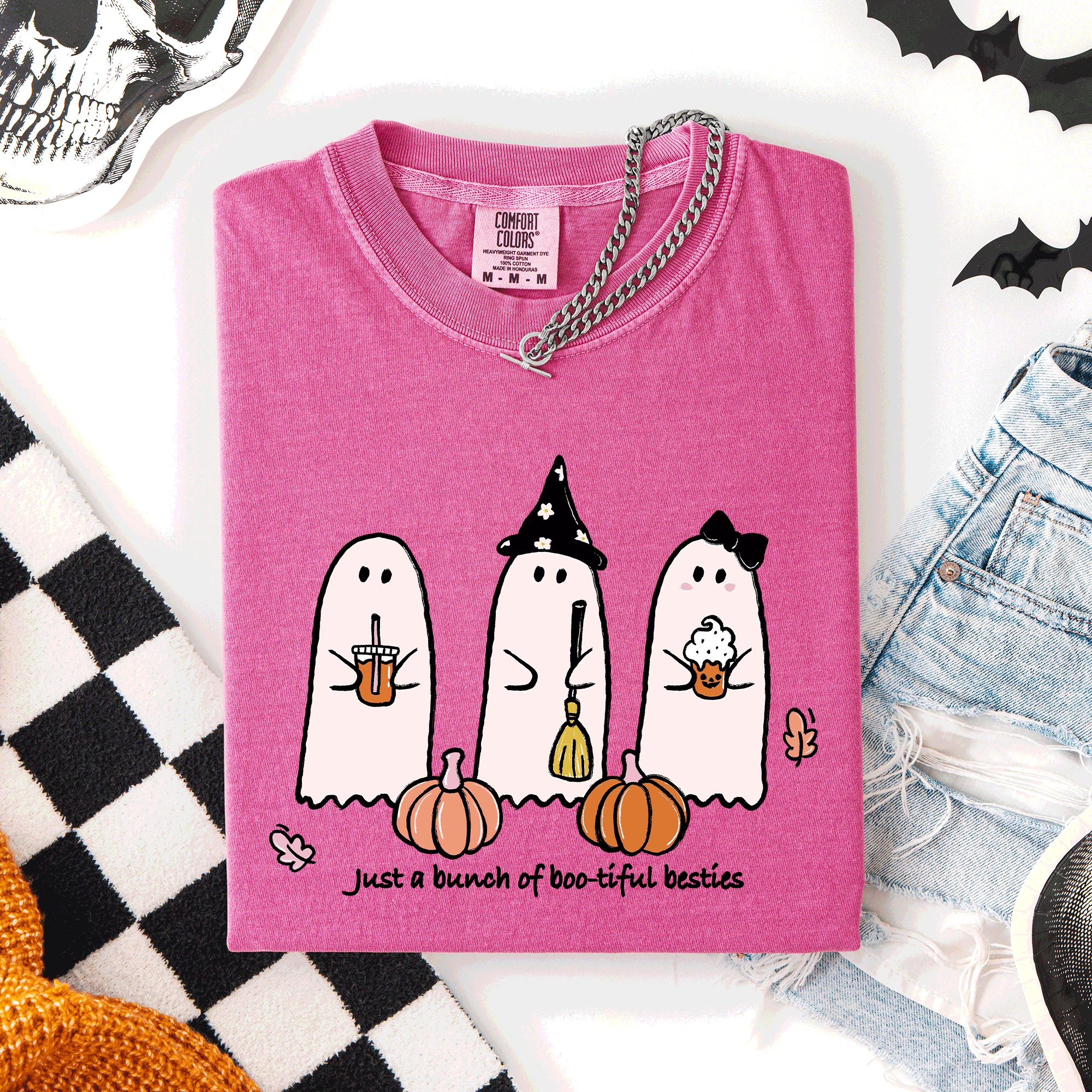 Besties Halloween Ghosts Cute Witch Pumpkin Festive Portrait Illustration Comfort Colors Tee