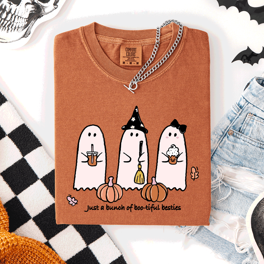 Besties Halloween Ghosts Cute Witch Pumpkin Festive Portrait Illustration Comfort Colors Tee