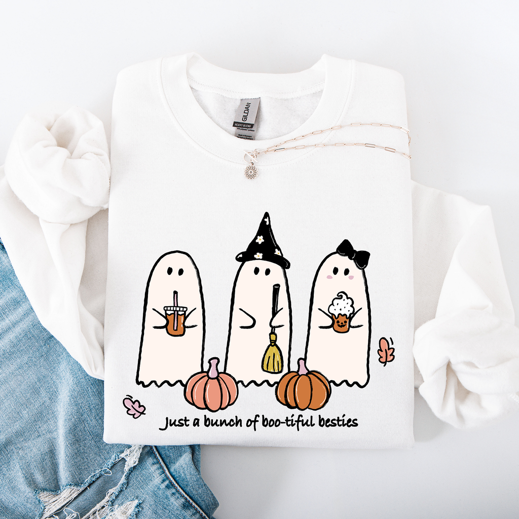 Besties Halloween Ghosts Witch Pumpkin Spooky Cozy Autumn Night Party Moody Festival Friends Forever Crew Sweatshirt