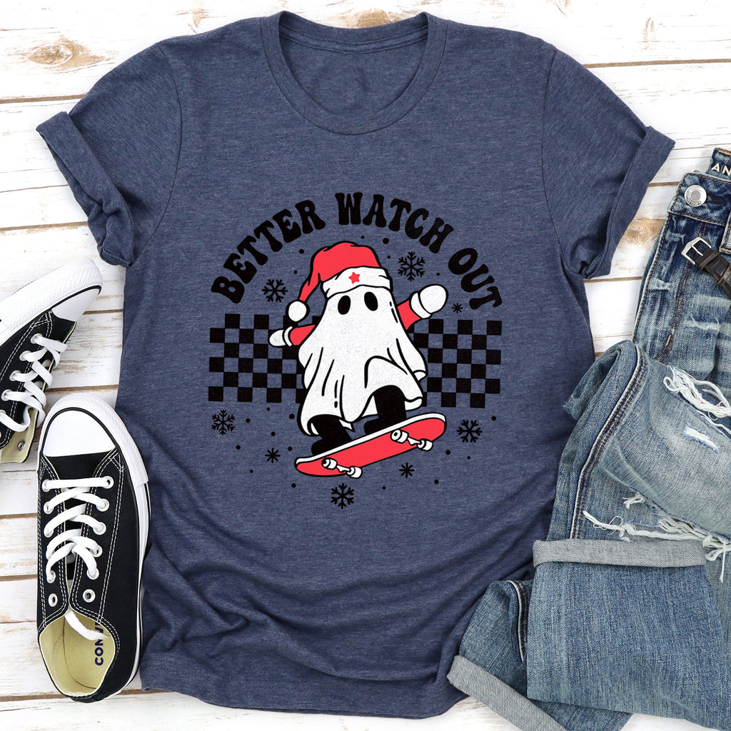 Better Watch Out Ghost Skateboard Santa Christmas Retro Holiday Mashup Artwork Graphic Tee
