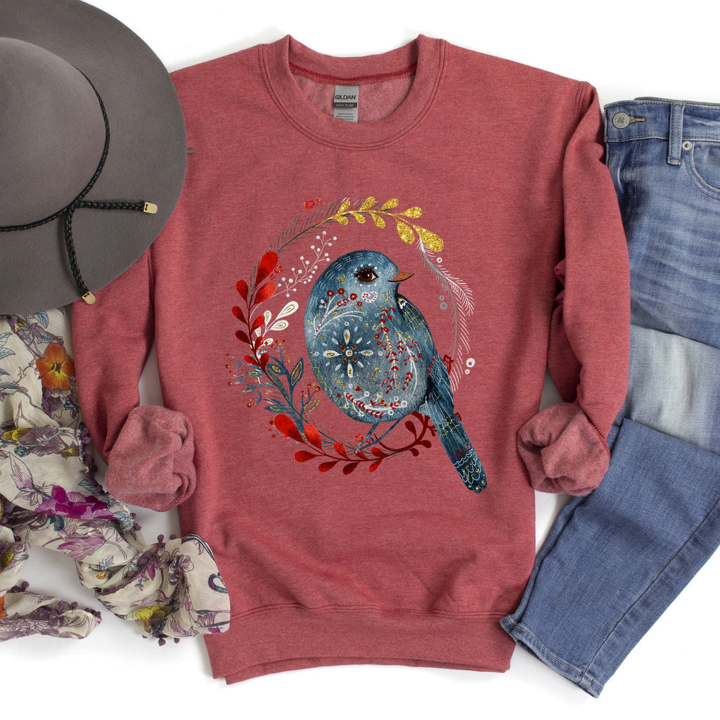 Bird Folk Art Scandinavian Winter Christmas Ornament Birds Nordic Pattern Sweatshirt