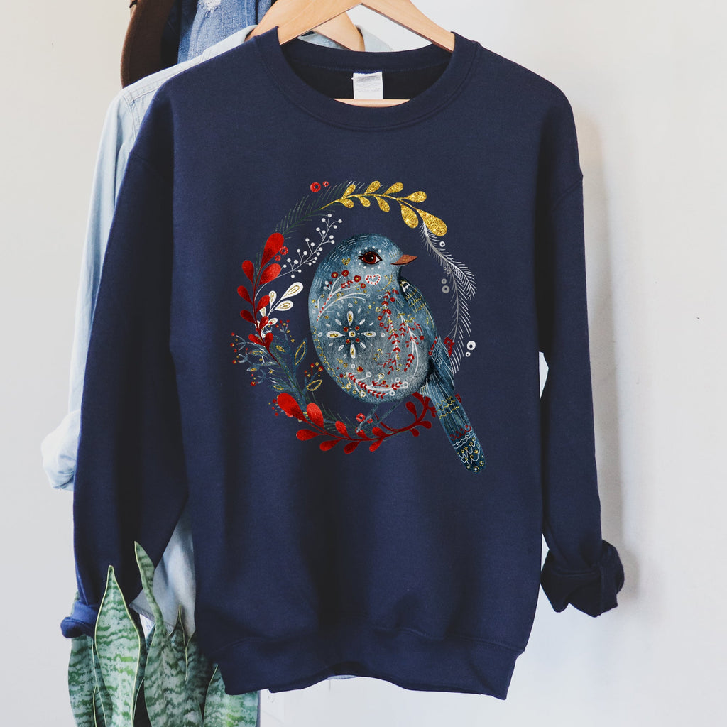 Bird Folk Art Scandinavian Winter Christmas Ornament Birds Nordic Pattern Sweatshirt