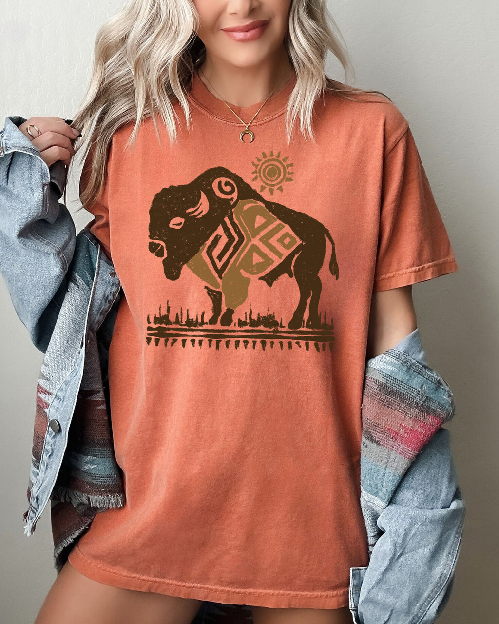 Bison Western Buffalo Sun Cowboy Nature Tribal Print Desert Scene Comfort Colors Tee