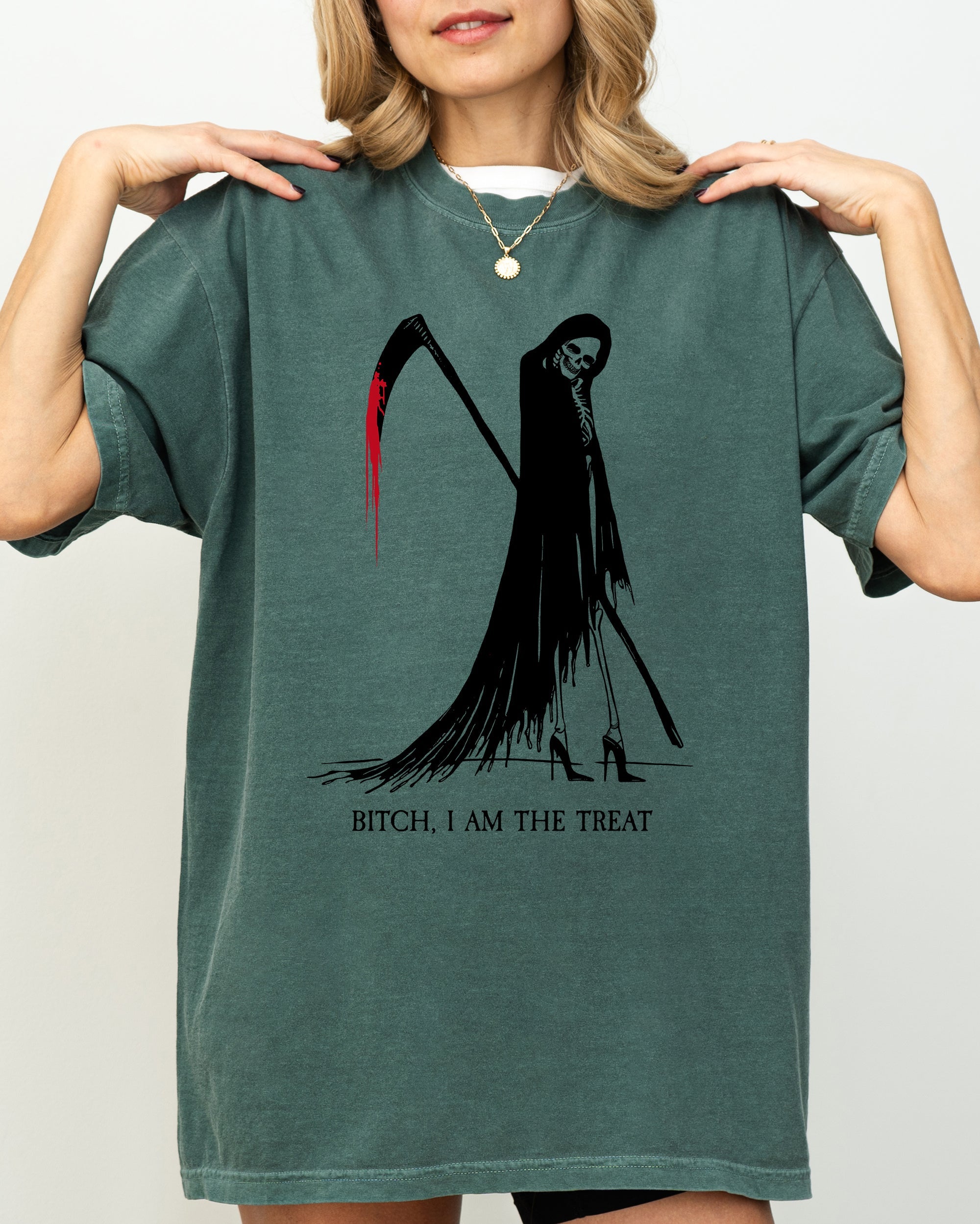 Bitch I Am The Treat Trick Or Treat Death Skeleton Witch Crude Sarcastic Vulgar Comfort Colors Tee