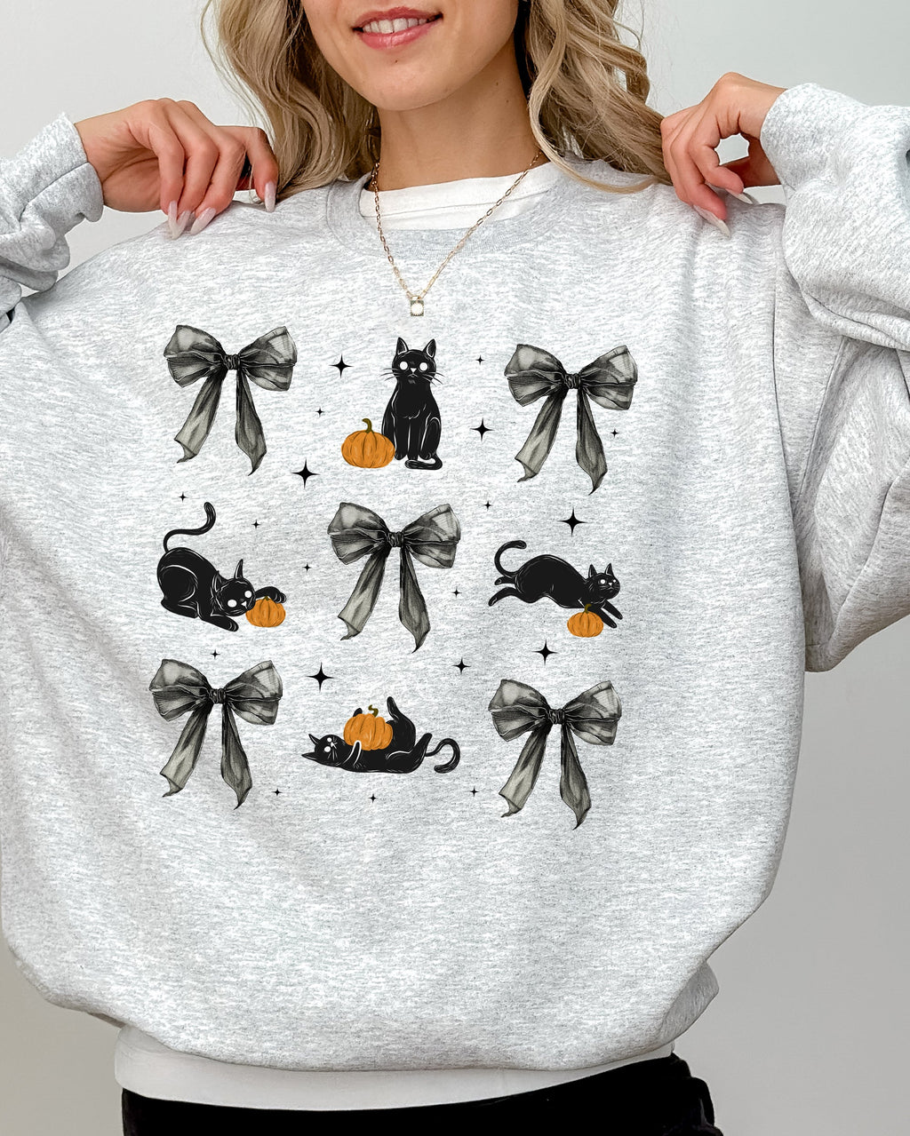 Black Cat Coquette Ribbons and Bows Halloween Girly Autumn Fall Cozy Soft Sweatshirt