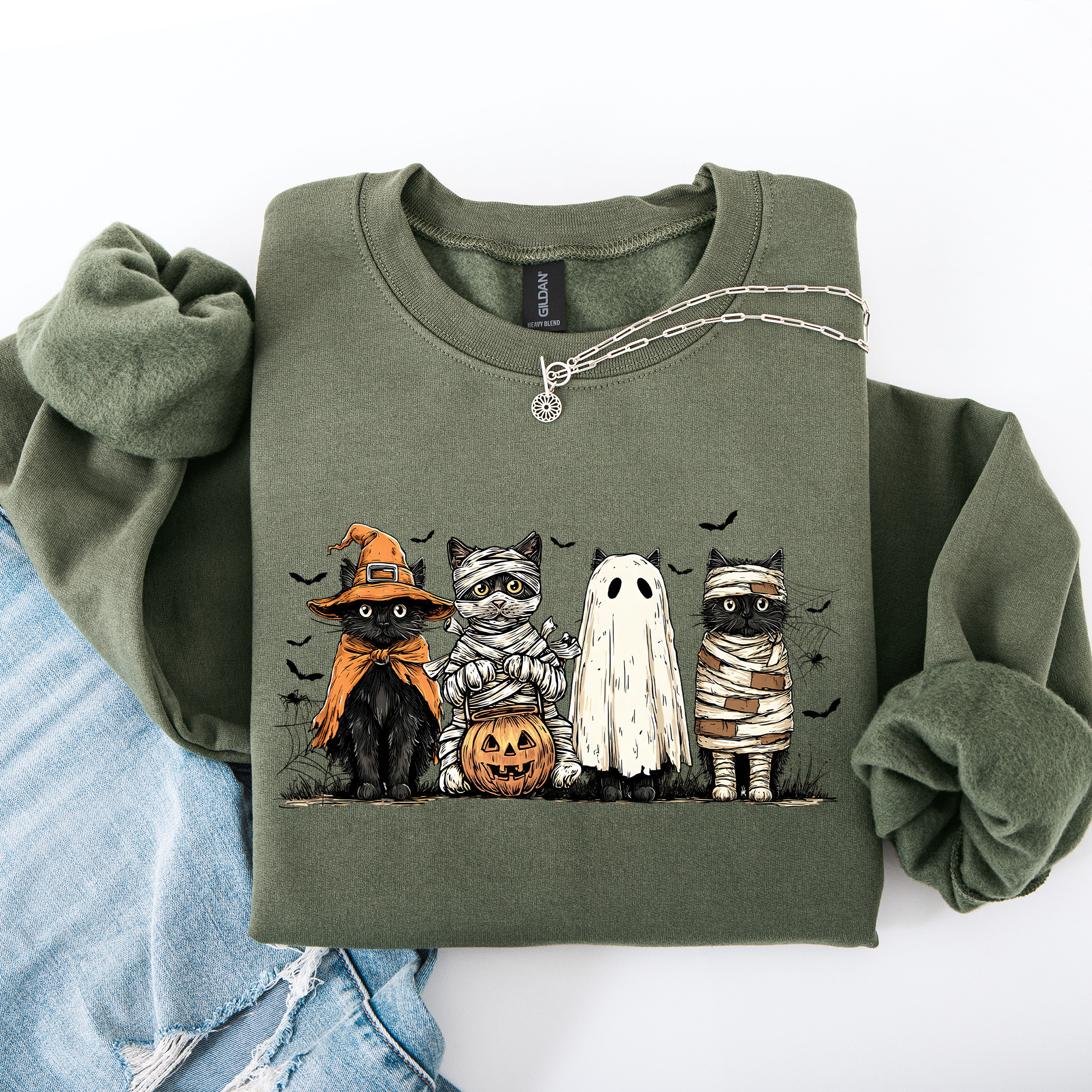 Shimmering Ghost Halloween Black Cat Pumpkin Ghost Cats Retro Gothic Autumn Sweatshirt