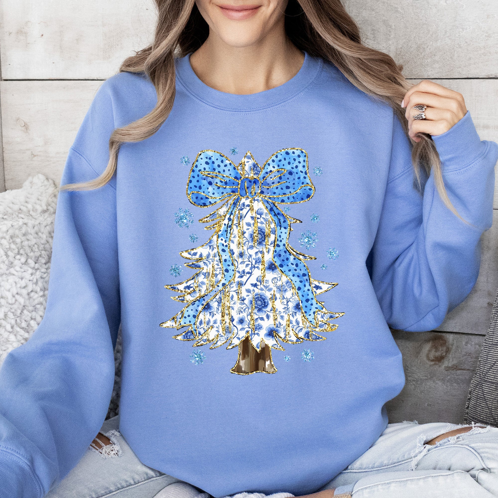 Blue Christmas Christmas Tree Bow Delft Coquette Floral Santa Holiday Elegance Sweatshirt