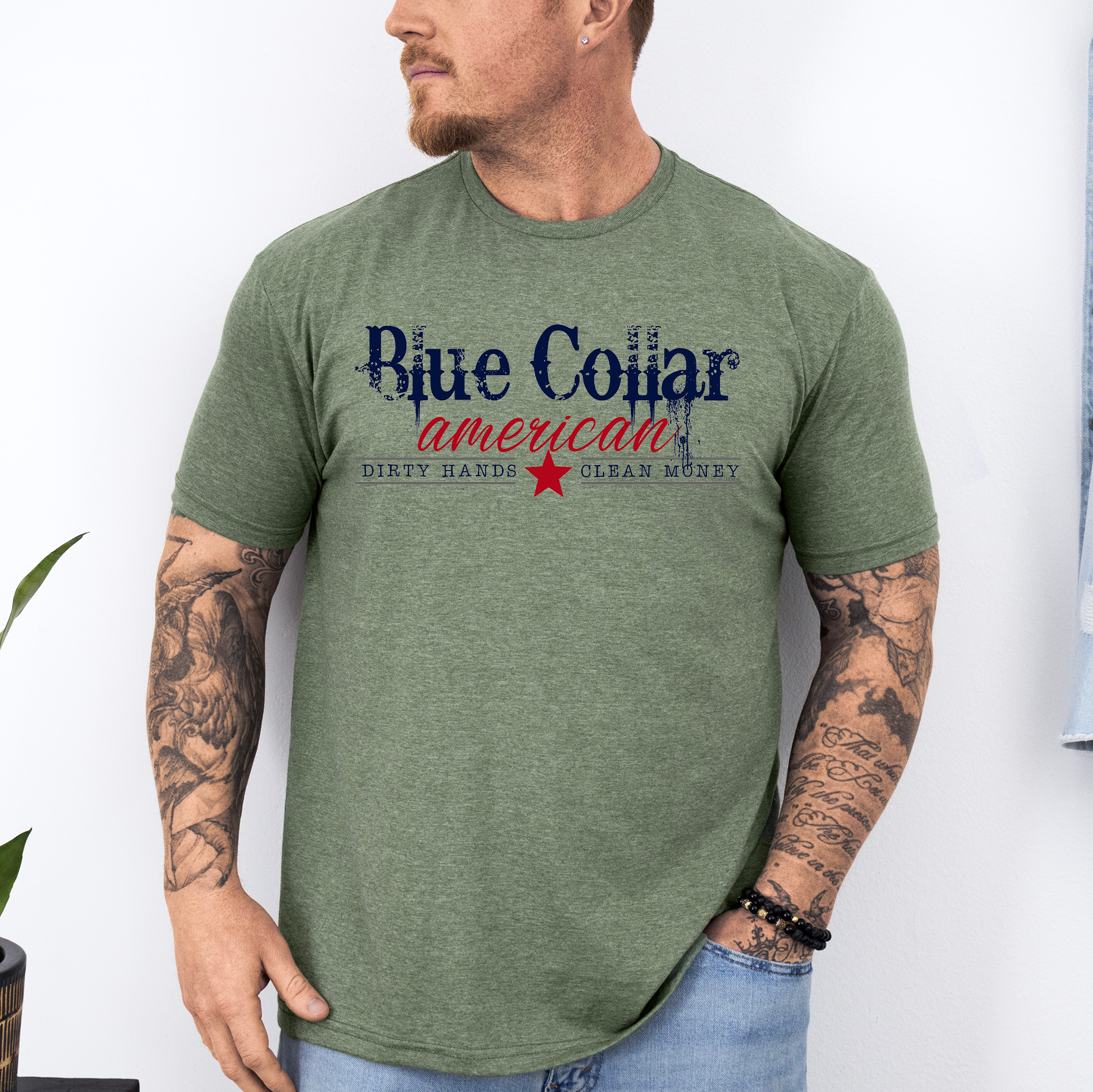 Blue Collar American Dirty Hands Clean Money Dad Father's Day Husband Graphic Tee