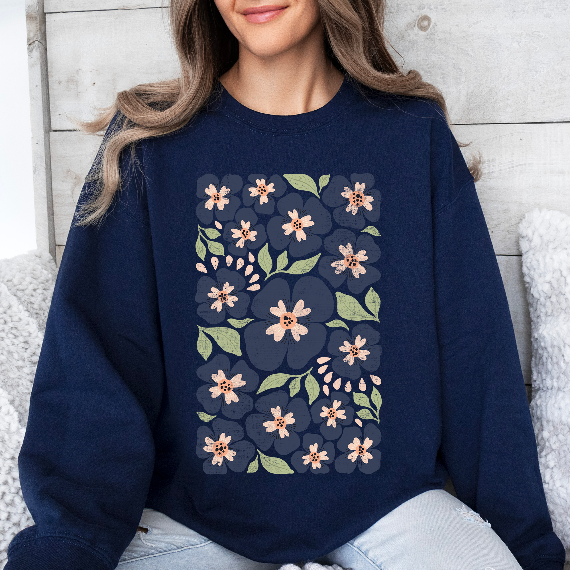 Blue Wildflower Allover Floral Vintage Boho Nature Inspired Autumn Palette Sweatshirt