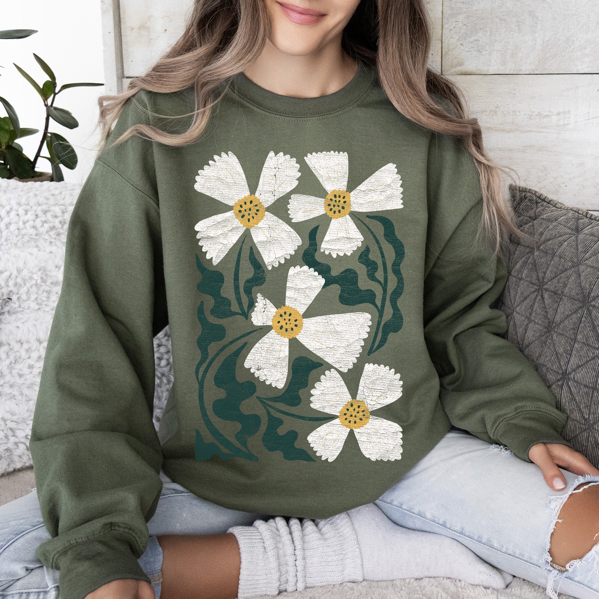 Boho Art Nouveau Flowers Bold Design Bohemian Floral Motif Intricate Linework Vintage Inspired Sweatshirt