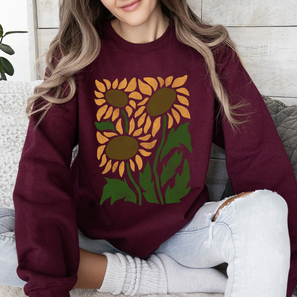 Boho Sunflowers Retro Floral Vintage Bohemian Garden Print Soft Cozy Comfort Sweatshirt