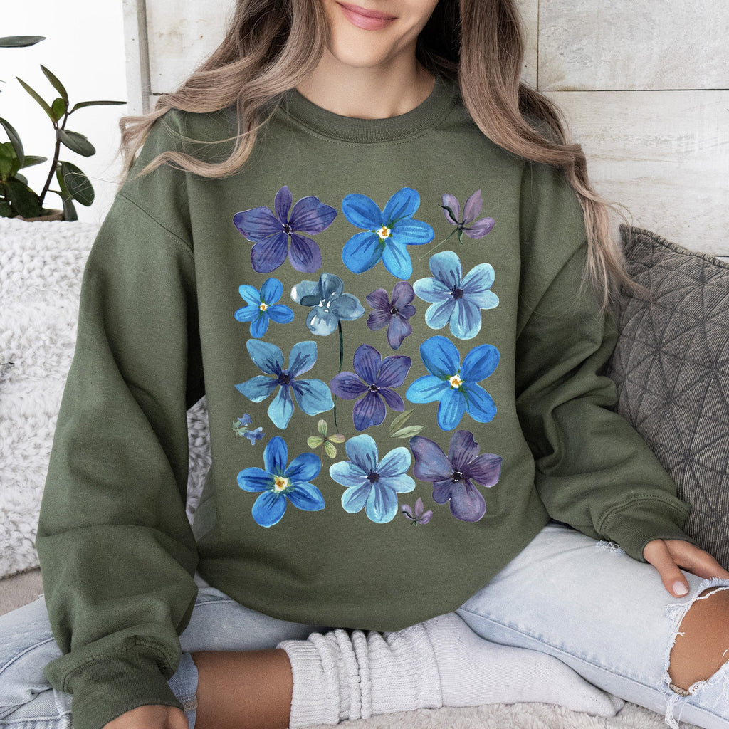 Bold Floral Blues Pressed Flowers Nature Botanical Landscape Artwork Timeless Nature-Inspired Collection Sweatshirt
