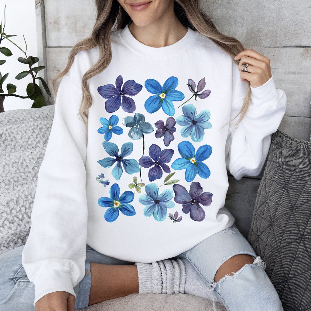 Bold Floral Blues Pressed Flowers Nature Botanical Landscape Artwork Timeless Nature-Inspired Collection Sweatshirt