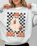 Boo-Jee Ghost Checkered Retro Halloween Coffee Drink Illustration Cozy Sweatshirt
