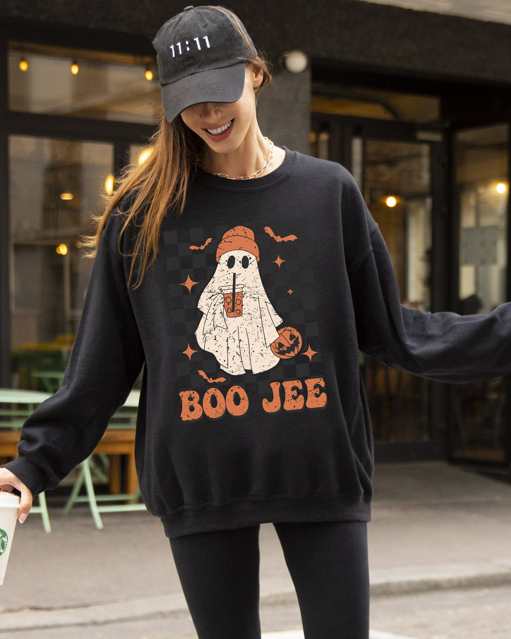 Boo-Jee Ghost Checkered Retro Halloween Coffee Drink Illustration Cozy Sweatshirt