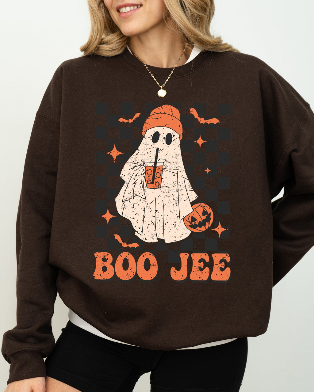 Boo-Jee Ghost Checkered Retro Halloween Coffee Drink Illustration Cozy Sweatshirt
