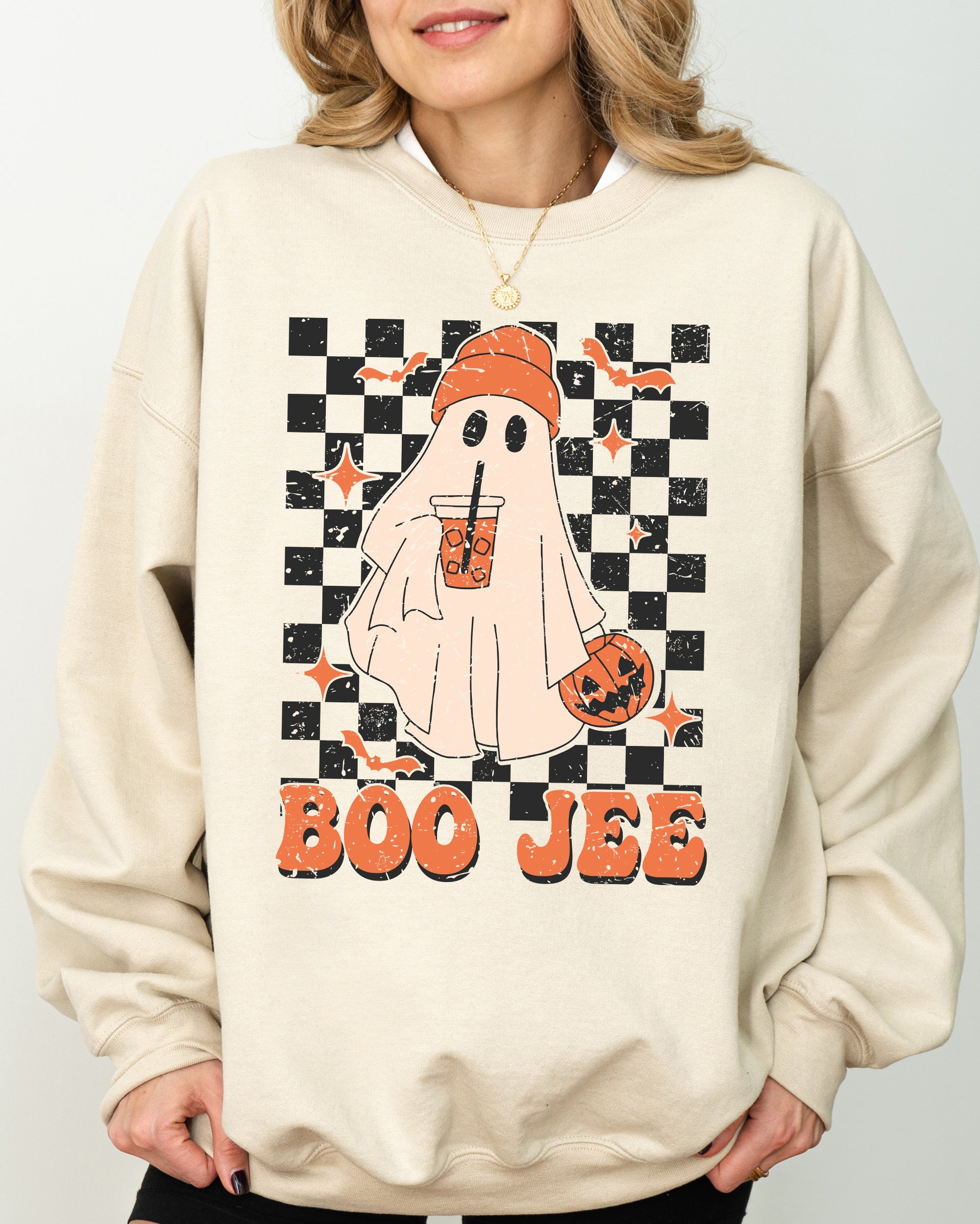 Boo-Jee Ghost Checkered Retro Halloween Coffee Drink Illustration Cozy Sweatshirt