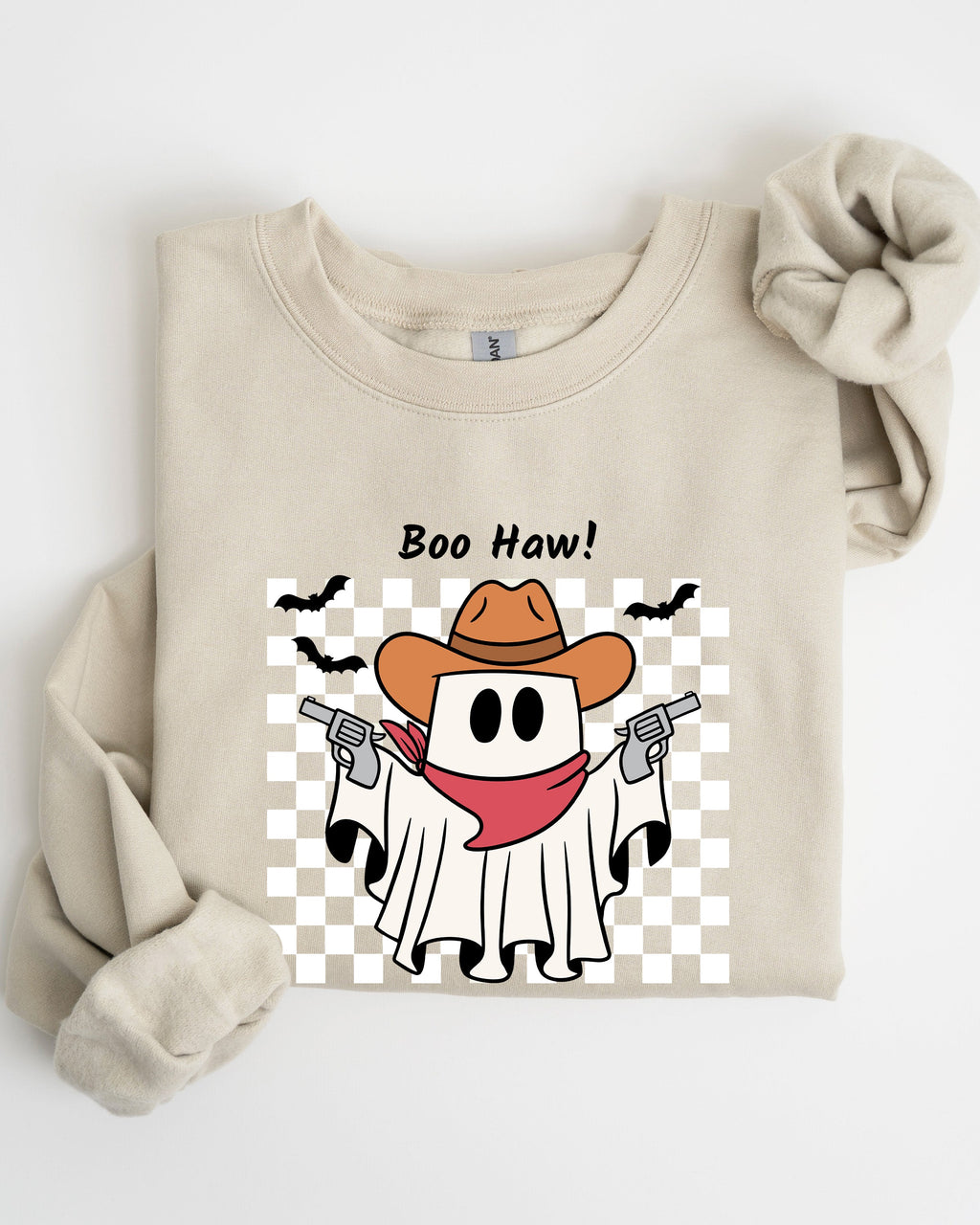 Boo Haw Cowboy Ghost Checkered Western Halloween Edition Premium Graphic Sweatshirt