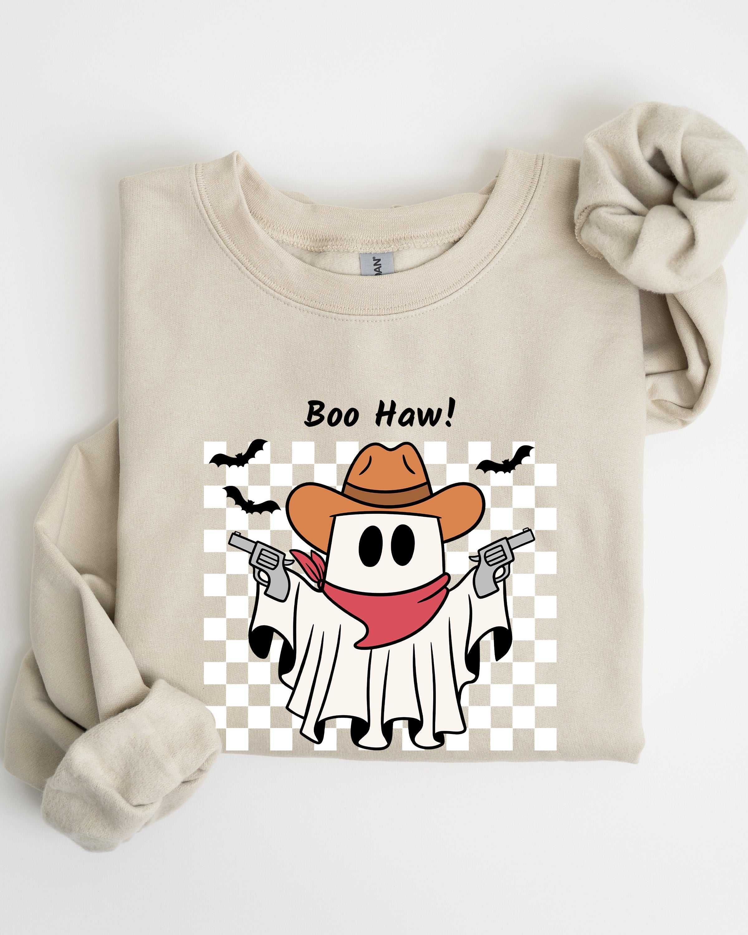 Boo Haw Cowboy Ghost Checkered Western Halloween Edition Premium Graphic Sweatshirt