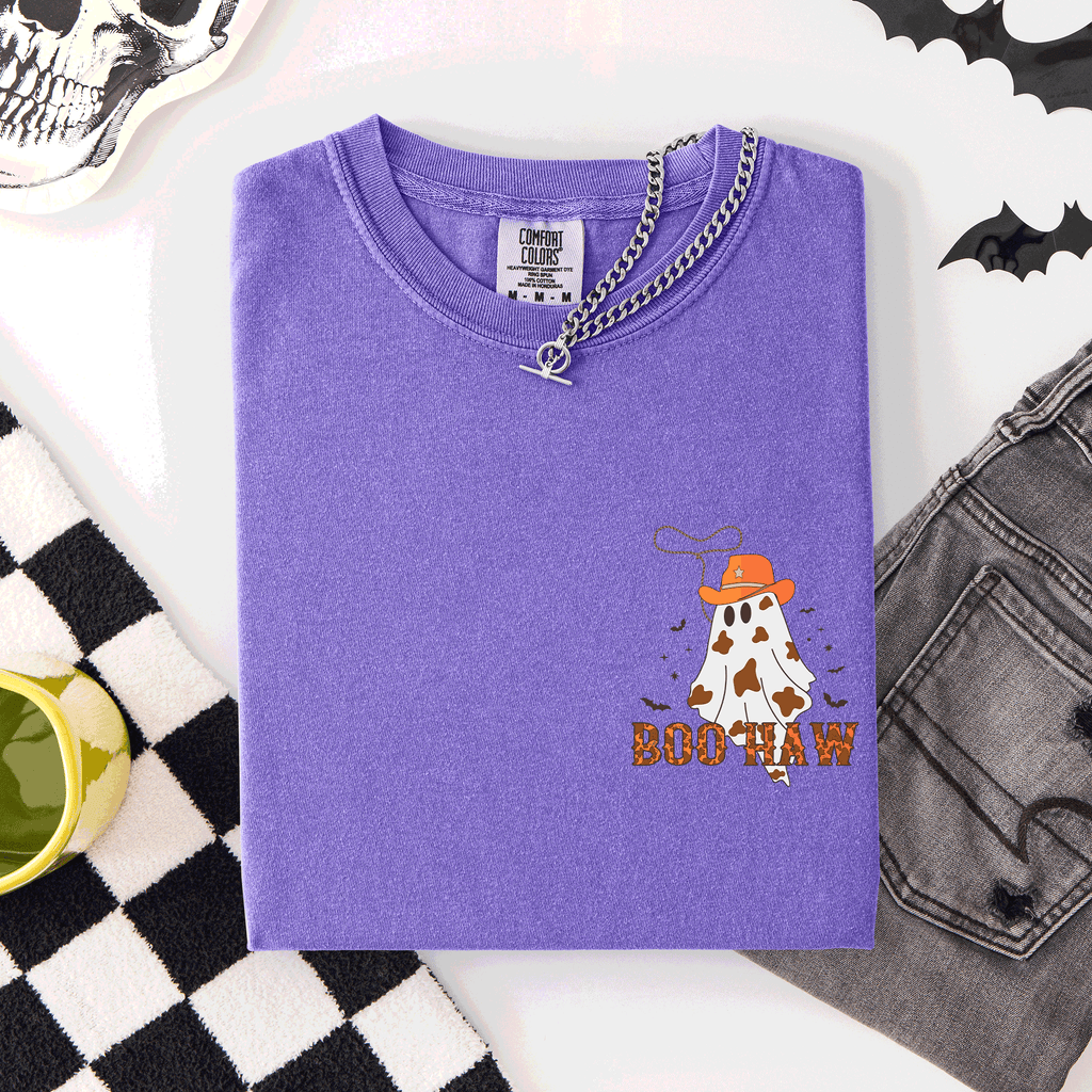 Boo Haw Cowboy Western Halloween Pocket Ghost Town Rodeo Saloon Scene Evening Sunset Comfort Colors Tee