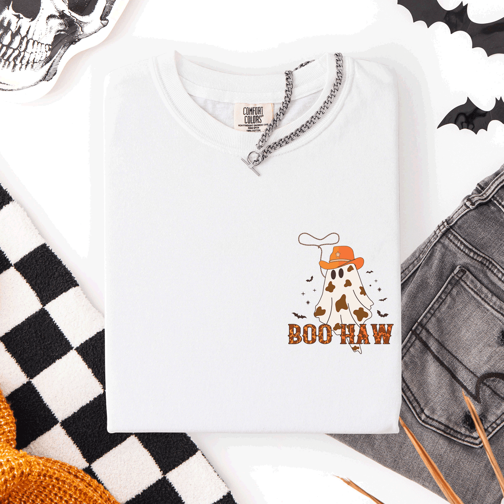 Boo Haw Cowboy Western Halloween Pocket Ghost Town Rodeo Saloon Scene Evening Sunset Comfort Colors Tee